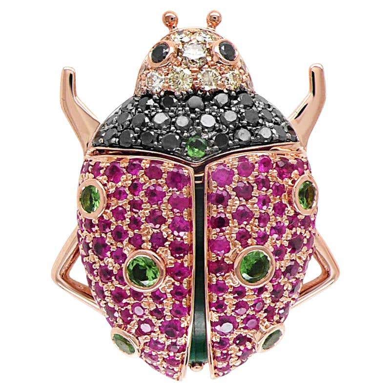 Ladybug Ring Ruby 18K Rose Gold Pink Sapphire Ladybug Ring with Diamonds For Sale at 1stDibs