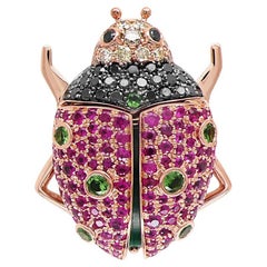 Bague Insecte Ladybug Pink Ruby Black Diamond Pave & Green Gem en or rose 18K