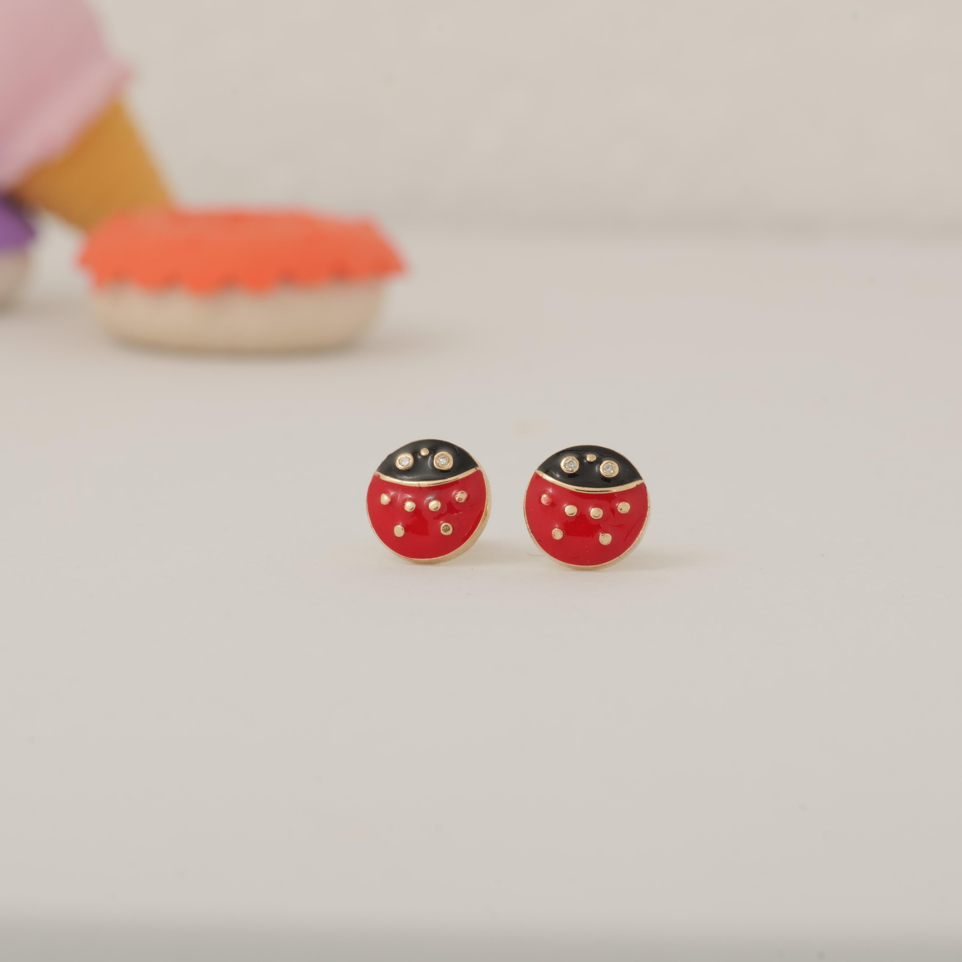 Women's Ladybug Diamond Earrings in 14K Solid Gold (Certified) For Sale