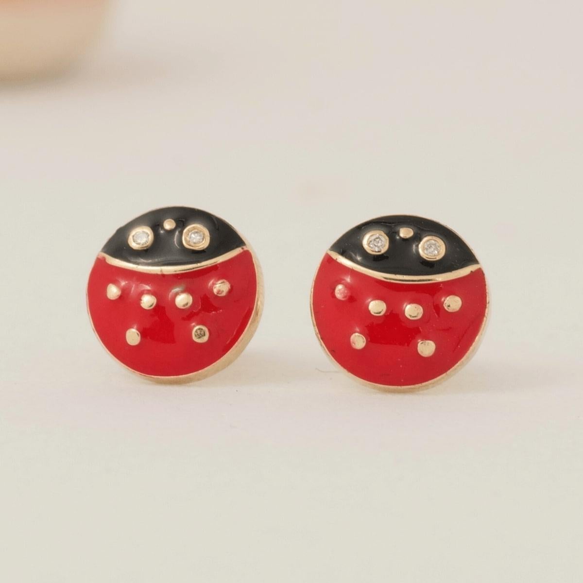 Art Deco Ladybug Diamond Earrings in 14K Solid Gold (Certified) For Sale