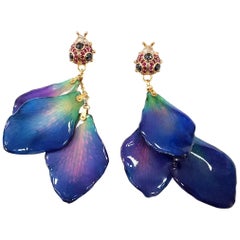 Ladybug Earrings with Orchid Petals, Sapphires and Diamonds in 18 Karat Gold