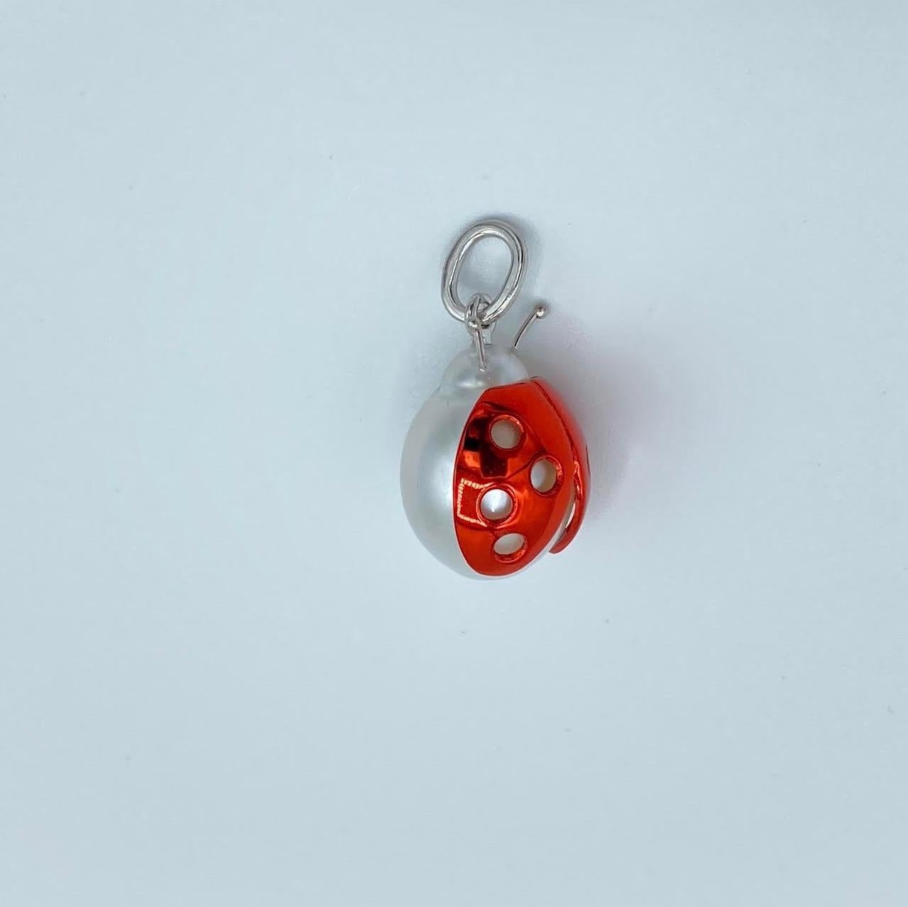 Uncut Ladybug or Ladybird 18 Karat Red White Gold Australian Pearl Pendant Necklace