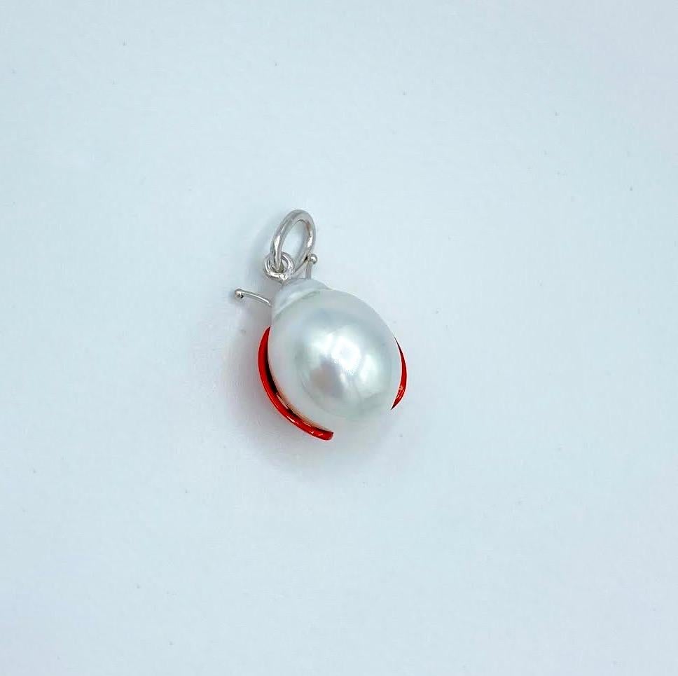 Ladybug or Ladybird 18 Karat Red White Gold Australian Pearl Pendant Necklace 2