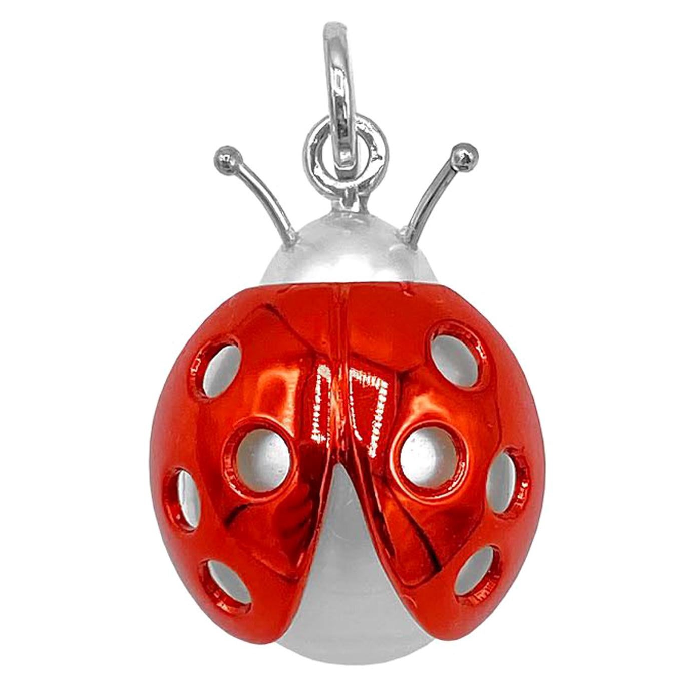 Ladybug or Ladybird 18 Karat Red White Gold Australian Pearl Pendant Necklace
