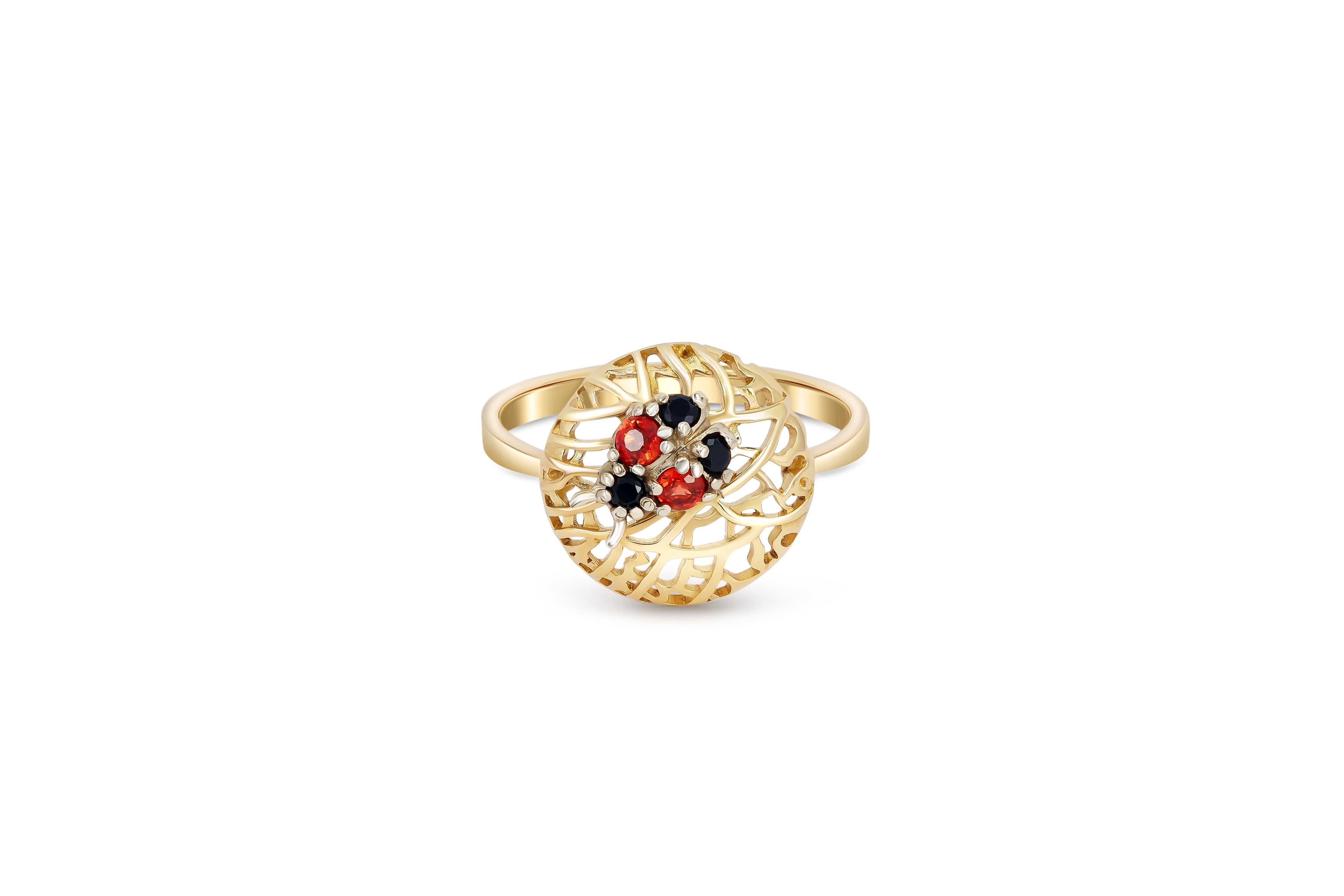 Ladybug ring with colored gemstones. 
Sapphire, spinel 14k gold ring. Nature inspired ring. Good Luck jewelry. Mother Day Gift.

Weight: 2.20 gr. depends from size.
Metal: 14k gold

Gemstones:
Sapphire: round shape, orange red, Si clarity, 2 piece