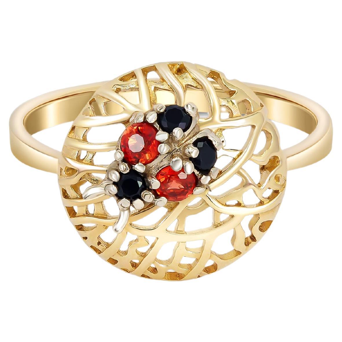 Ladybug ring with colored gemstones.  For Sale