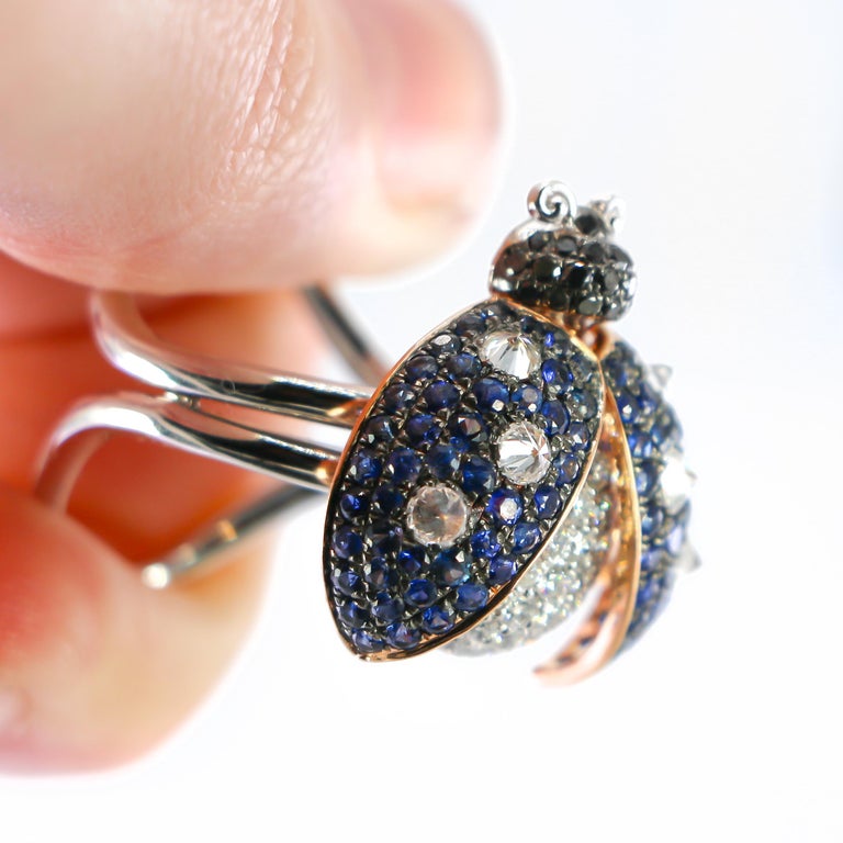 Ladybug Ring with Moving Parts Sapphires 1.73 Carat and Diamonds 1.18