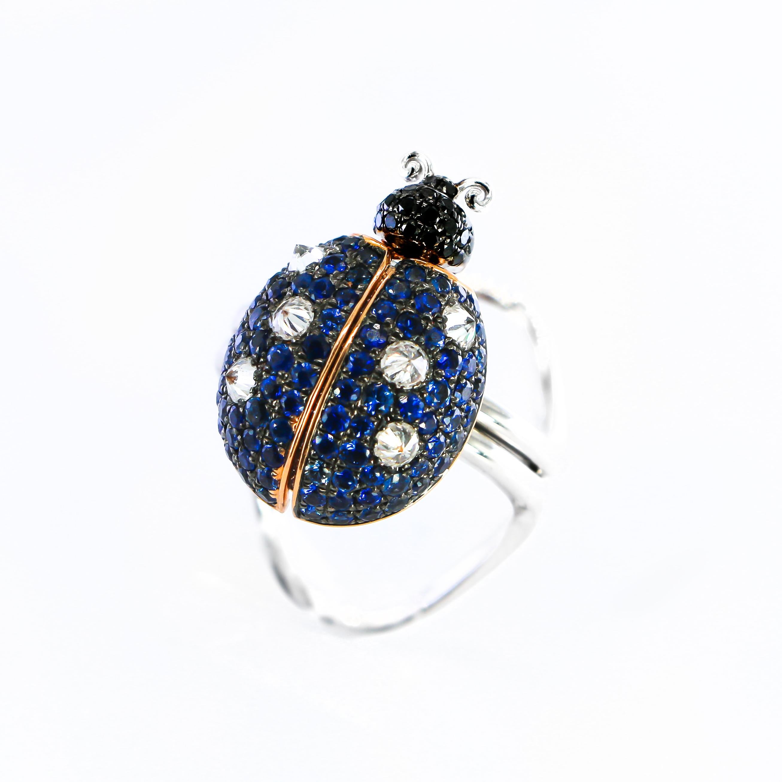 Round Cut Ladybug Ring with Moving Parts Sapphires 1.73 Carat and Diamonds 1.18 Carat
