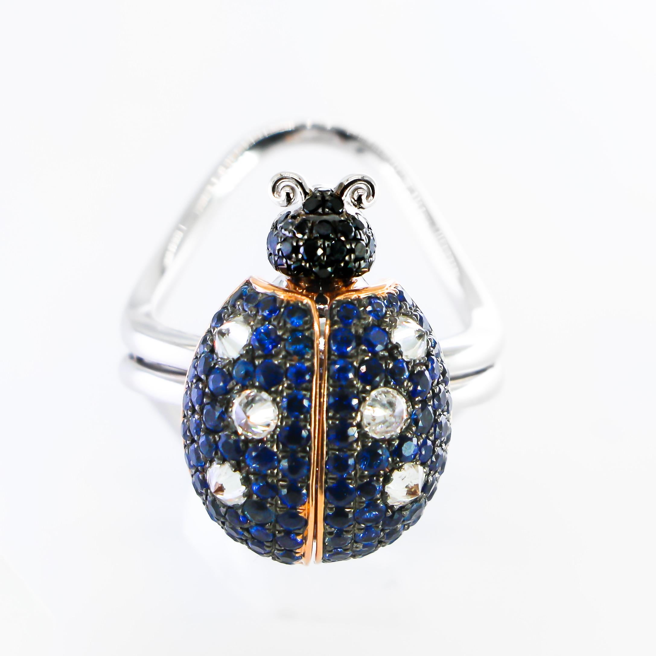 Ladybug Ring with Moving Parts Sapphires 1.73 Carat and Diamonds 1.18 Carat In Excellent Condition In Carlsbad, CA