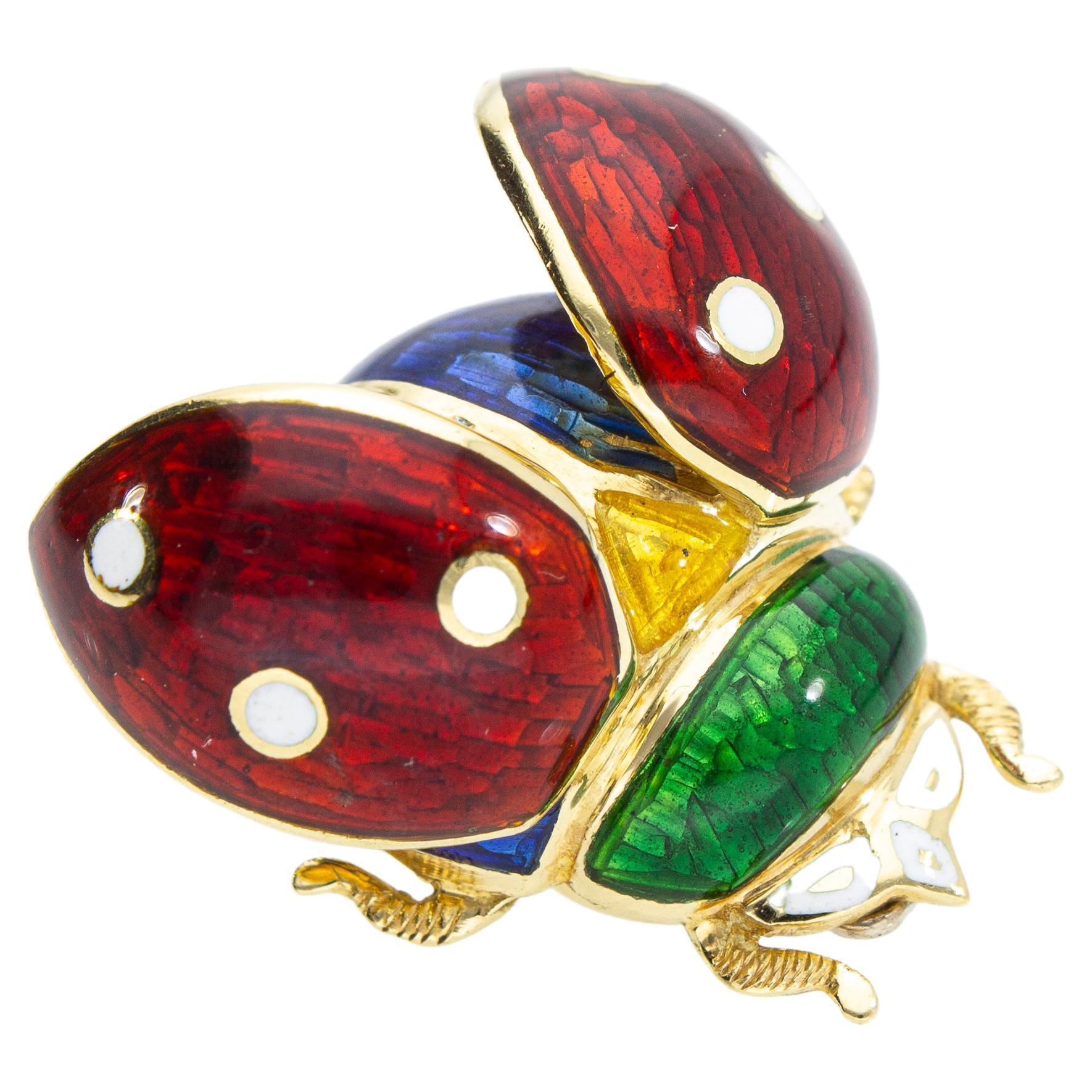 Ladybug-Shaped Pendant and Brooch with Enamel of Various Colors