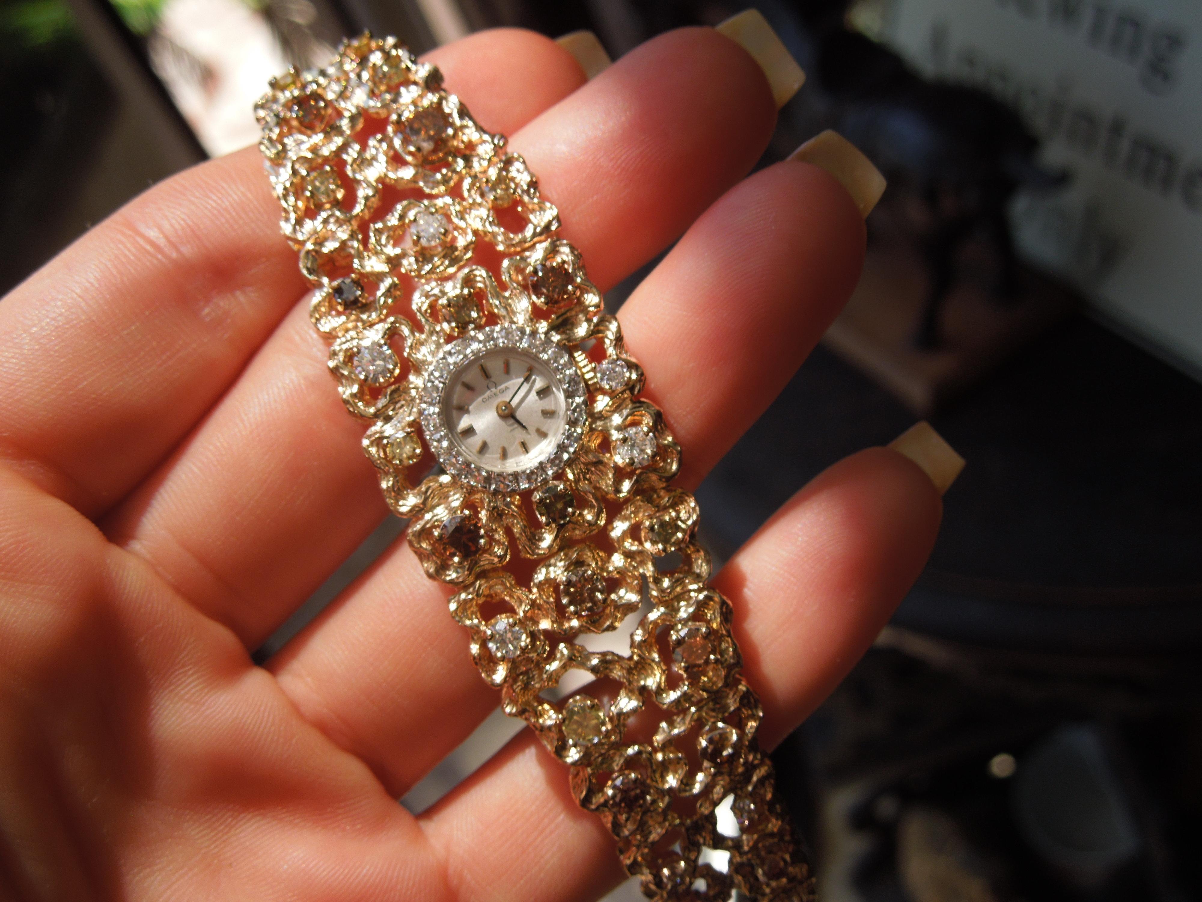Round Cut Lady's 14 Karat Fancy Diamond Omega Dress Watch For Sale
