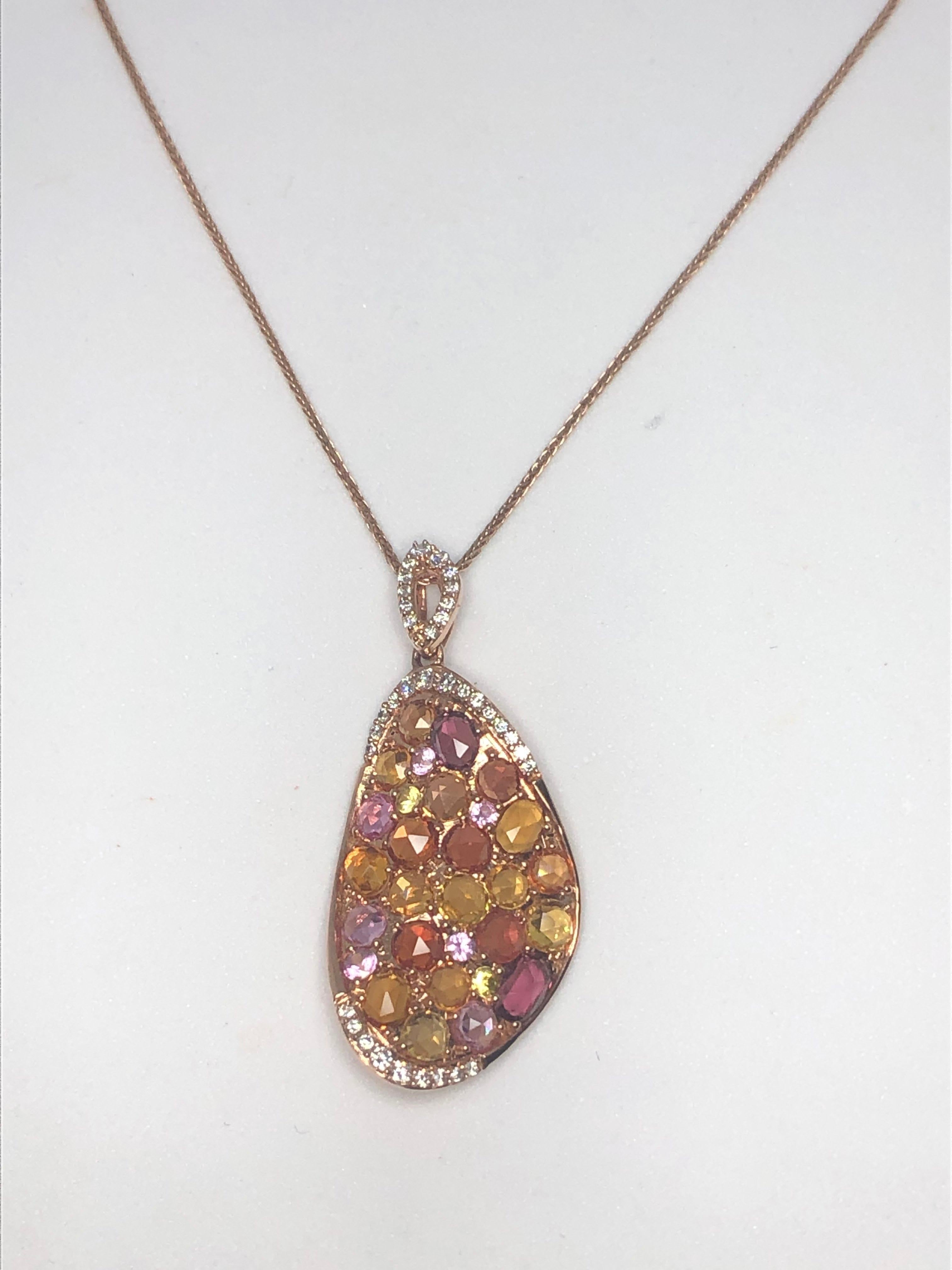 Ladies 14 Karat Rose Gold Diamond and Multicolored Stone Pendant In New Condition For Sale In Mansfield, OH