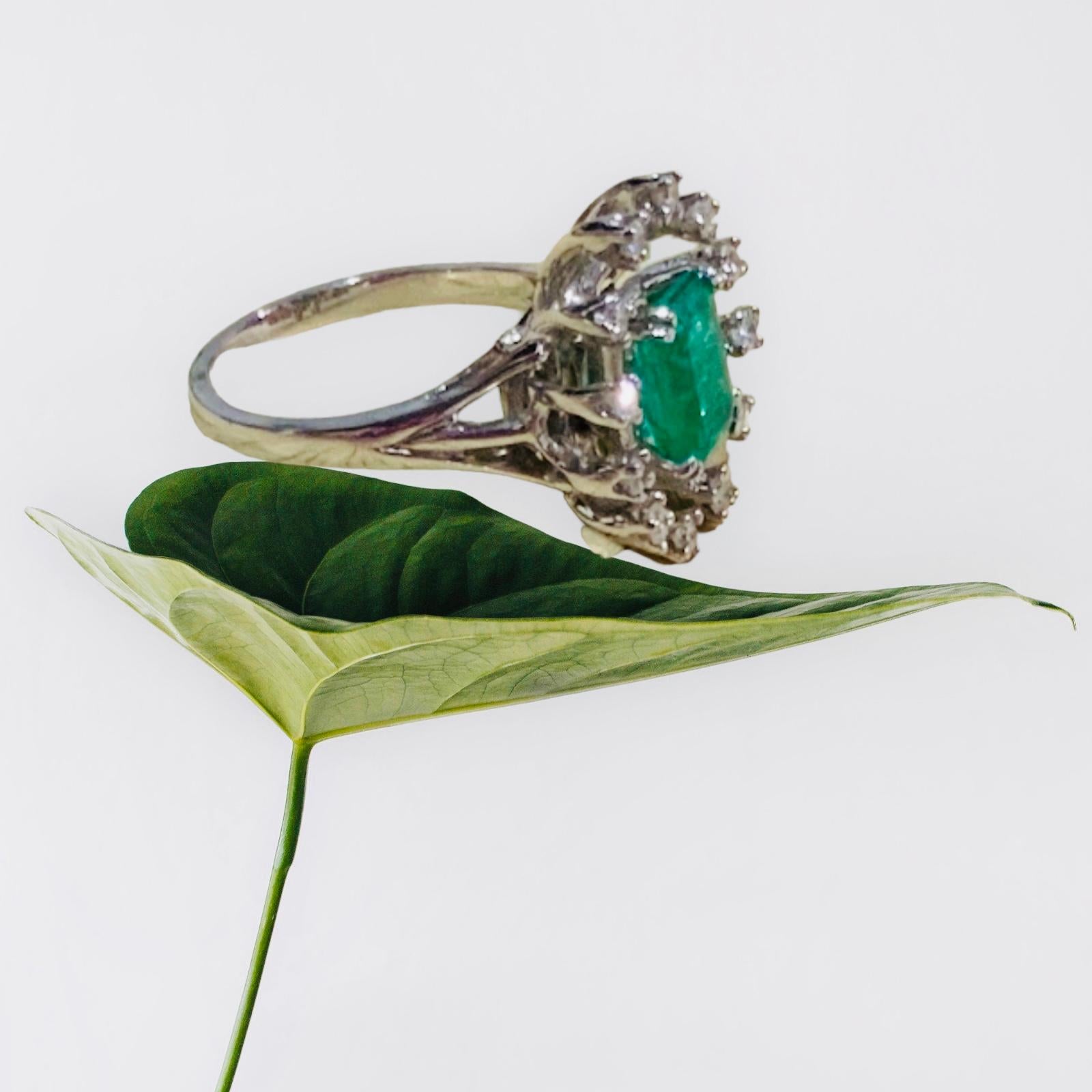 This is a Lady’s 14K white gold Emerald and Diamonds ring. It depicts an emerald cut Emerald (8.4x 6.1 x 3.66mm; Color- vivid greenish blue, Clarity- natural garden inclusion, Type- beryl/emerald and Weight- 1.27carats) mounted in prong setting and