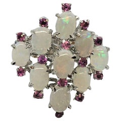 Retro Lady's 18 karat White Gold Cluster Opal Ruby Ring 1960s