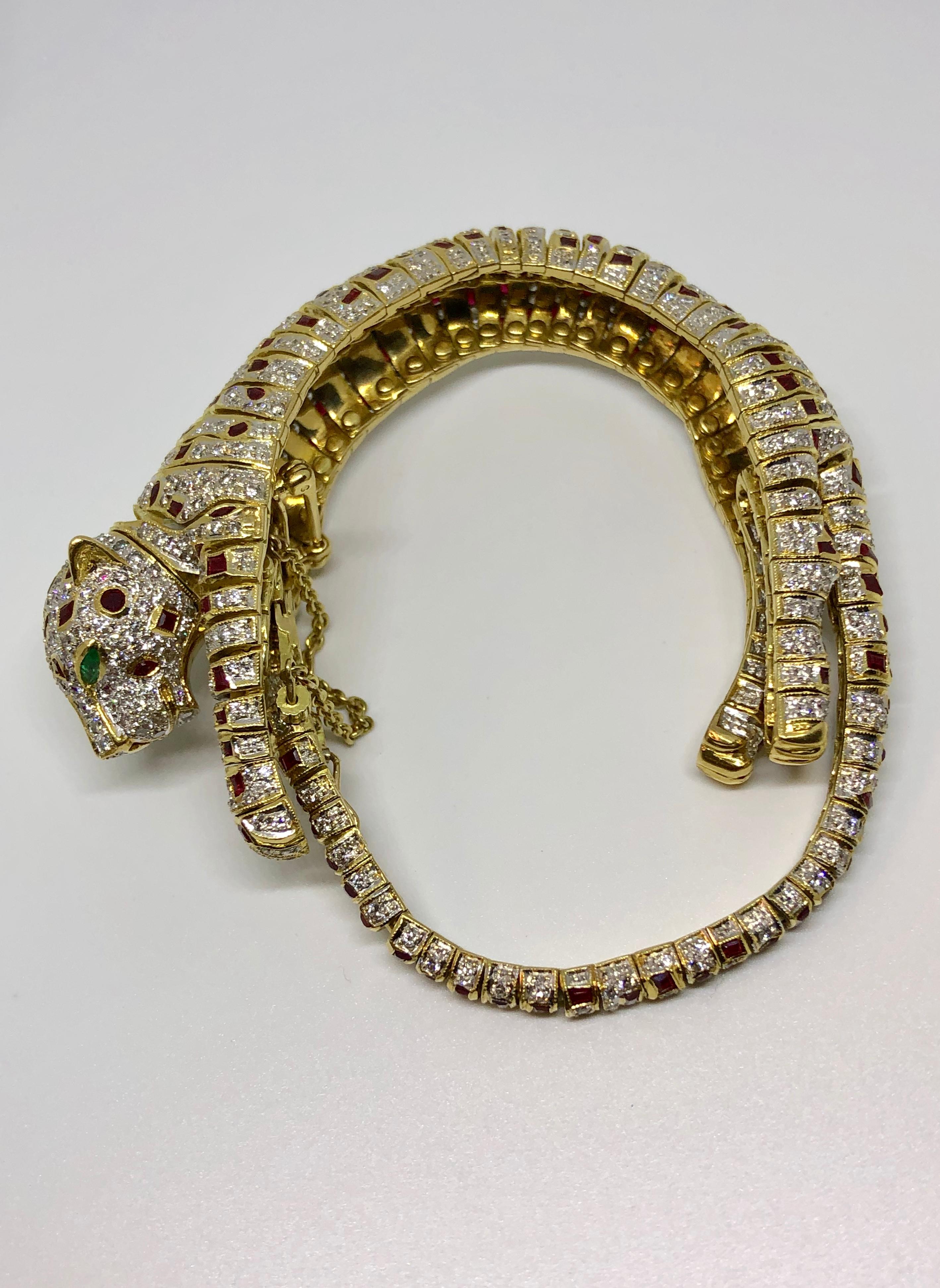 Lady's 18 Karat Yellow Gold Diamond, Ruby and Emerald Panther Bracelet or Brooch 8