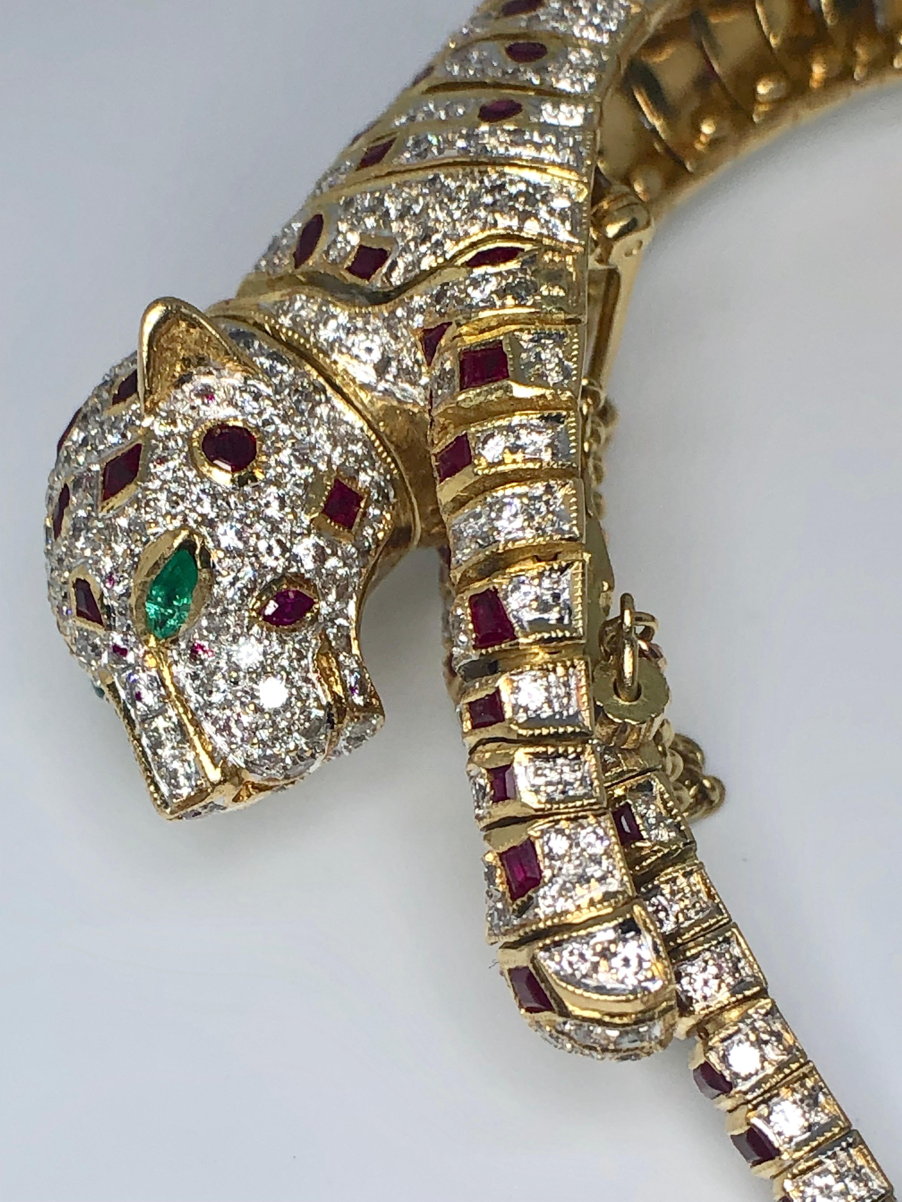 Lady's 18 Karat Yellow Gold Diamond, Ruby and Emerald Panther Bracelet or Brooch 9