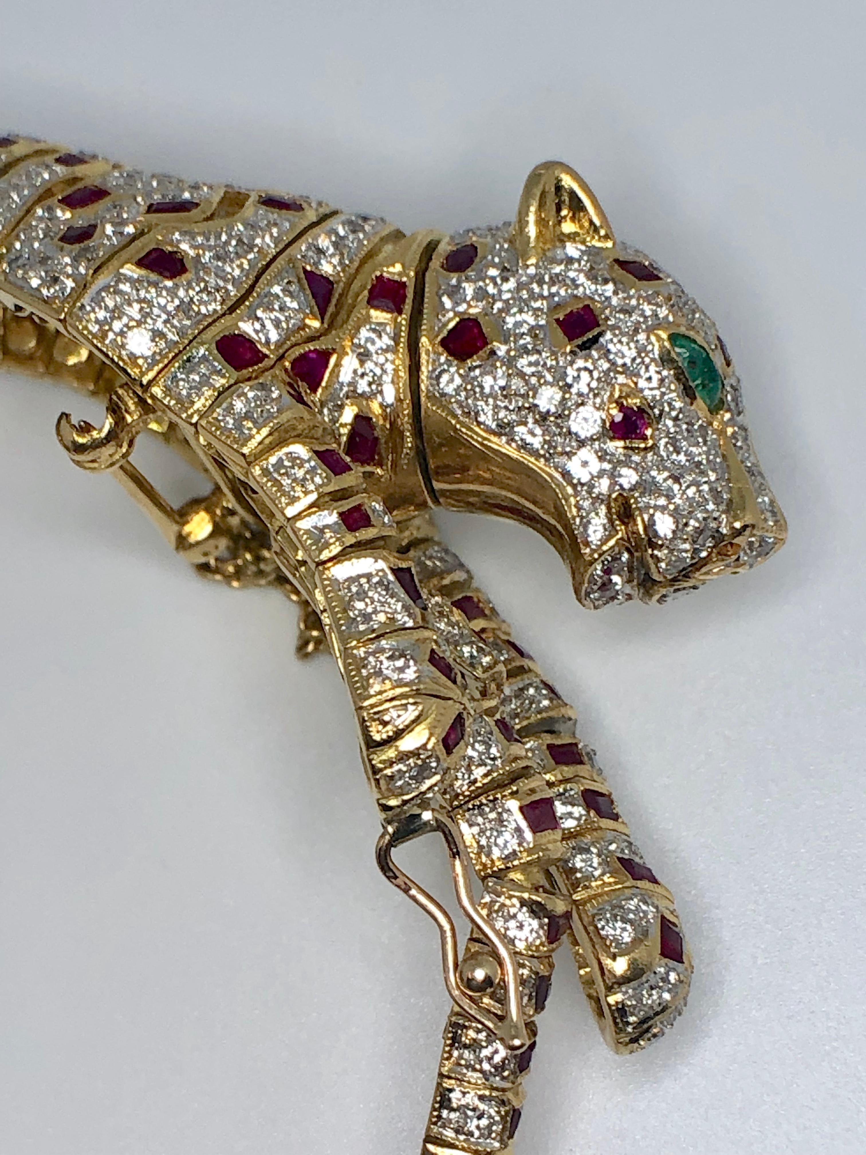 Lady's 18 Karat Yellow Gold Diamond, Ruby and Emerald Panther Bracelet or Brooch 10