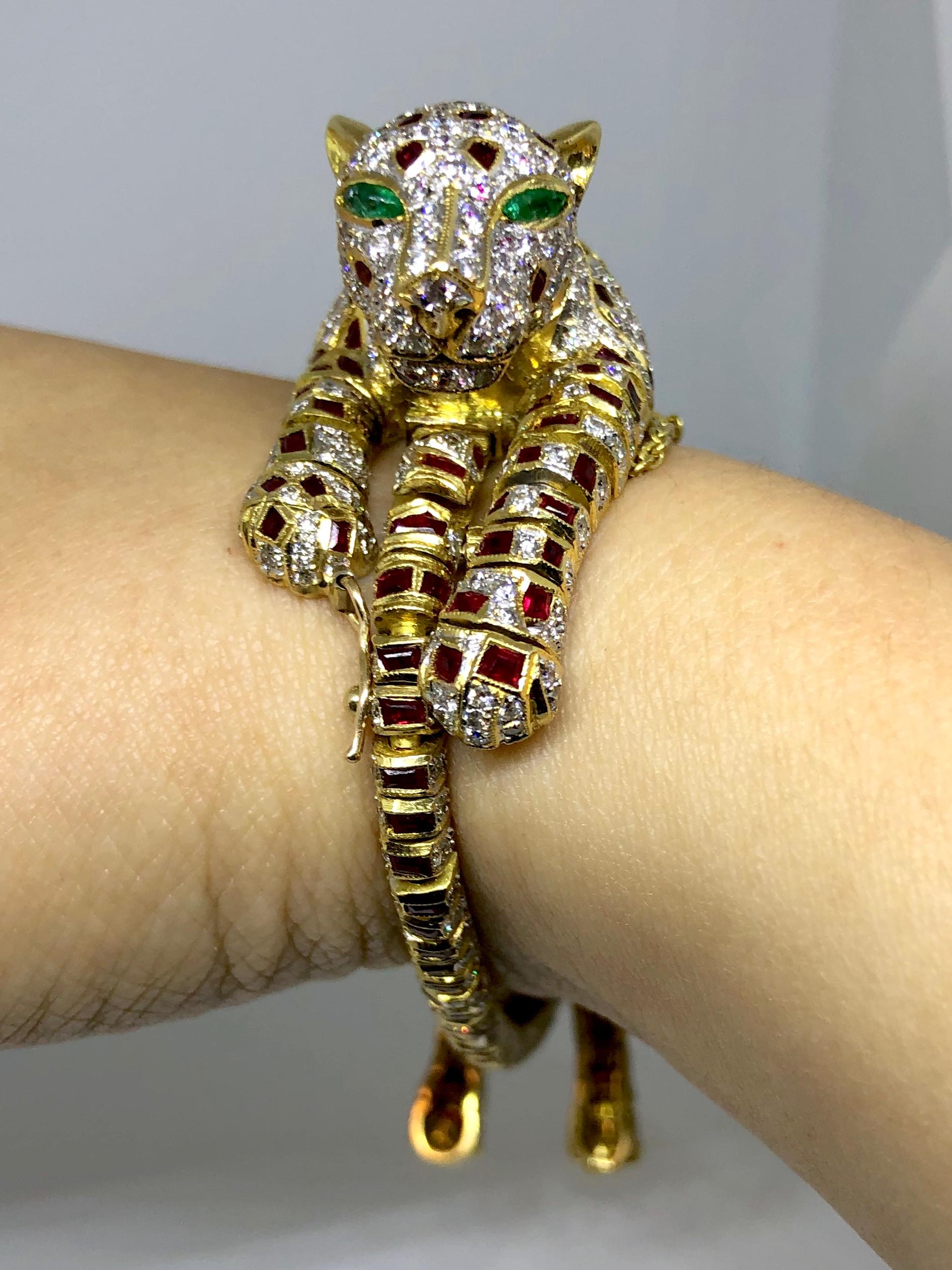 Lady's 18 Karat Yellow Gold Diamond, Ruby and Emerald Panther Bracelet or Brooch 11
