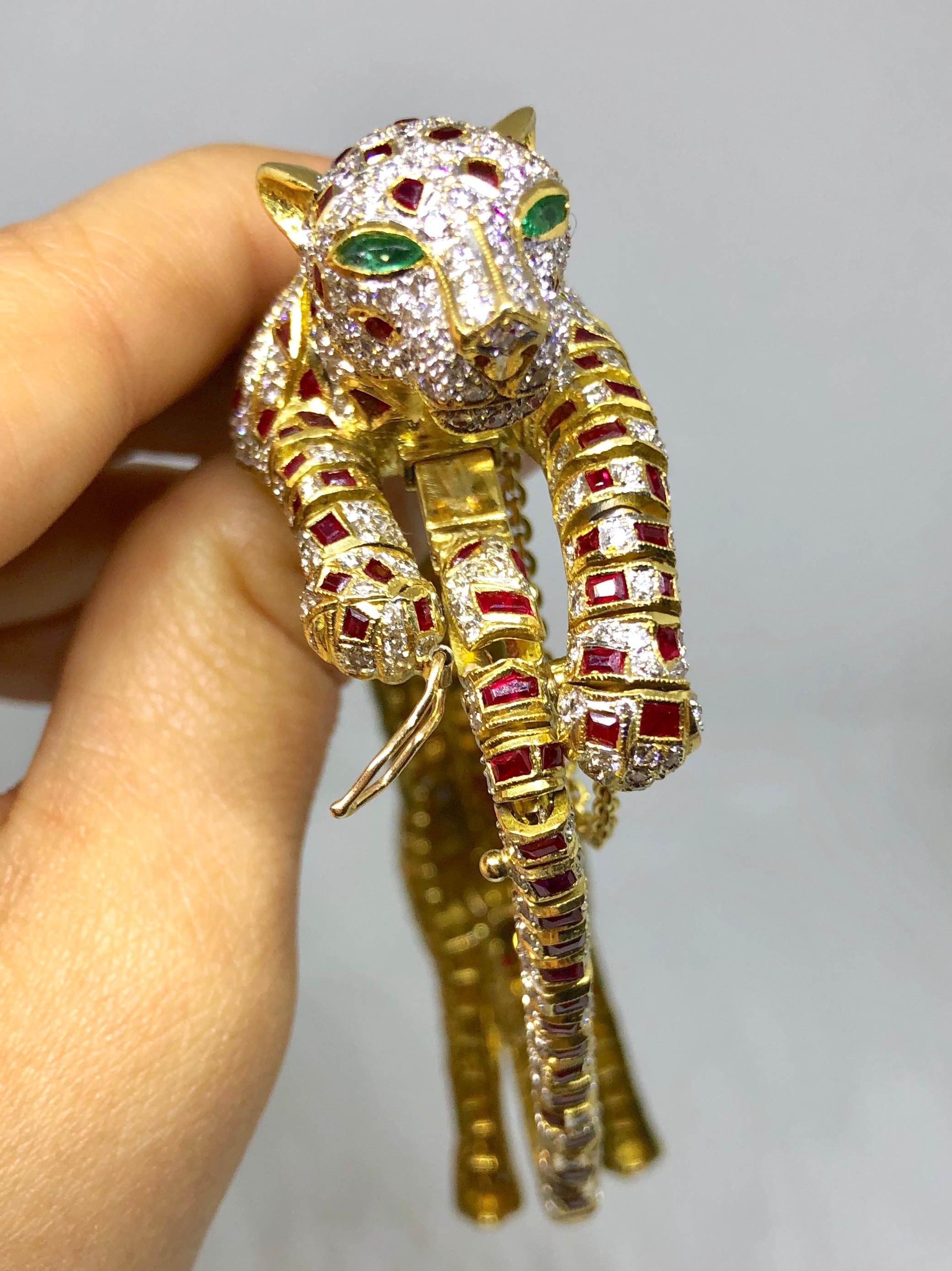 Lady's 18 Karat Yellow Gold Diamond, Ruby and Emerald Panther Bracelet or Brooch 12