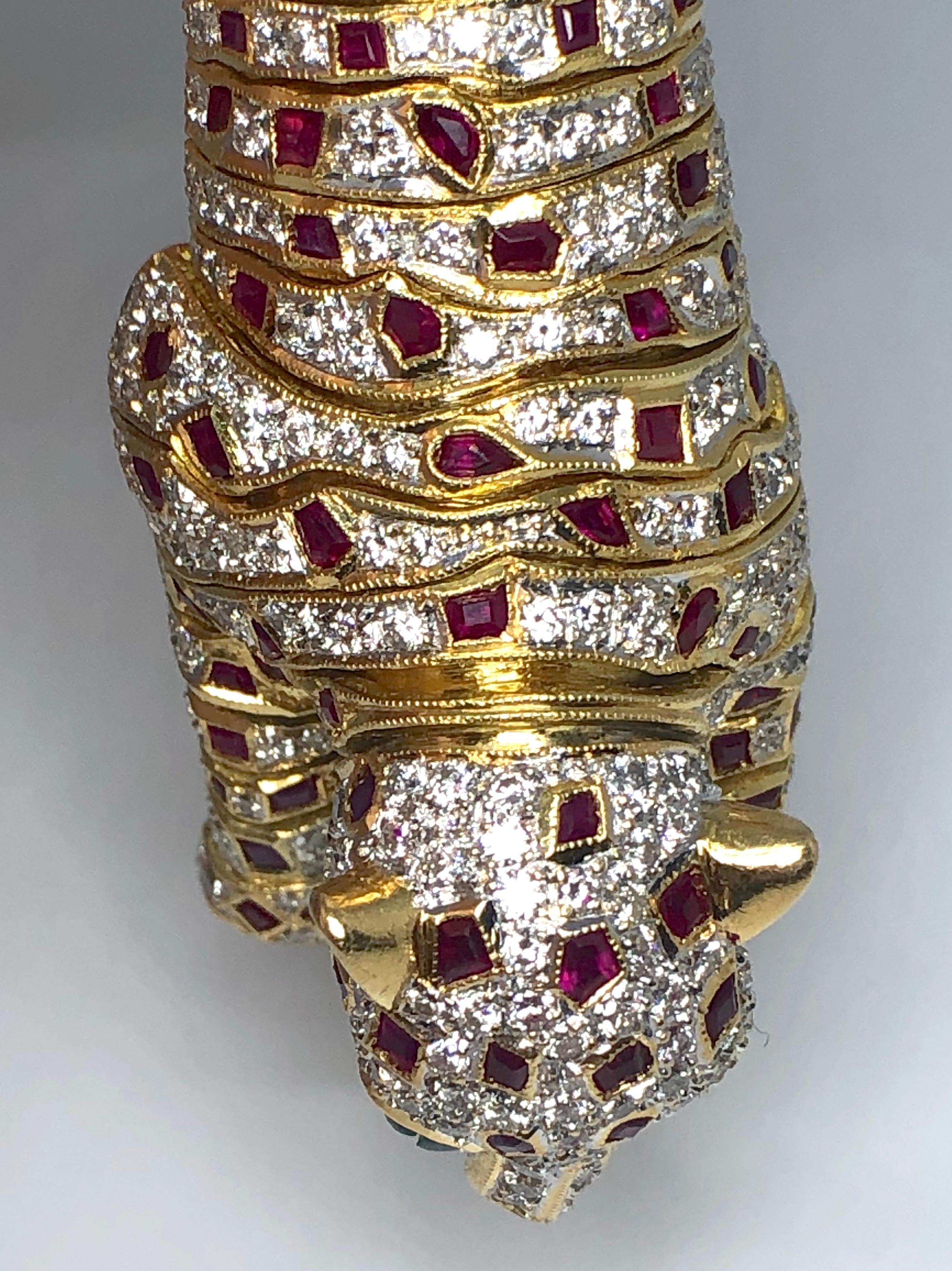 Round Cut Lady's 18 Karat Yellow Gold Diamond, Ruby and Emerald Panther Bracelet or Brooch