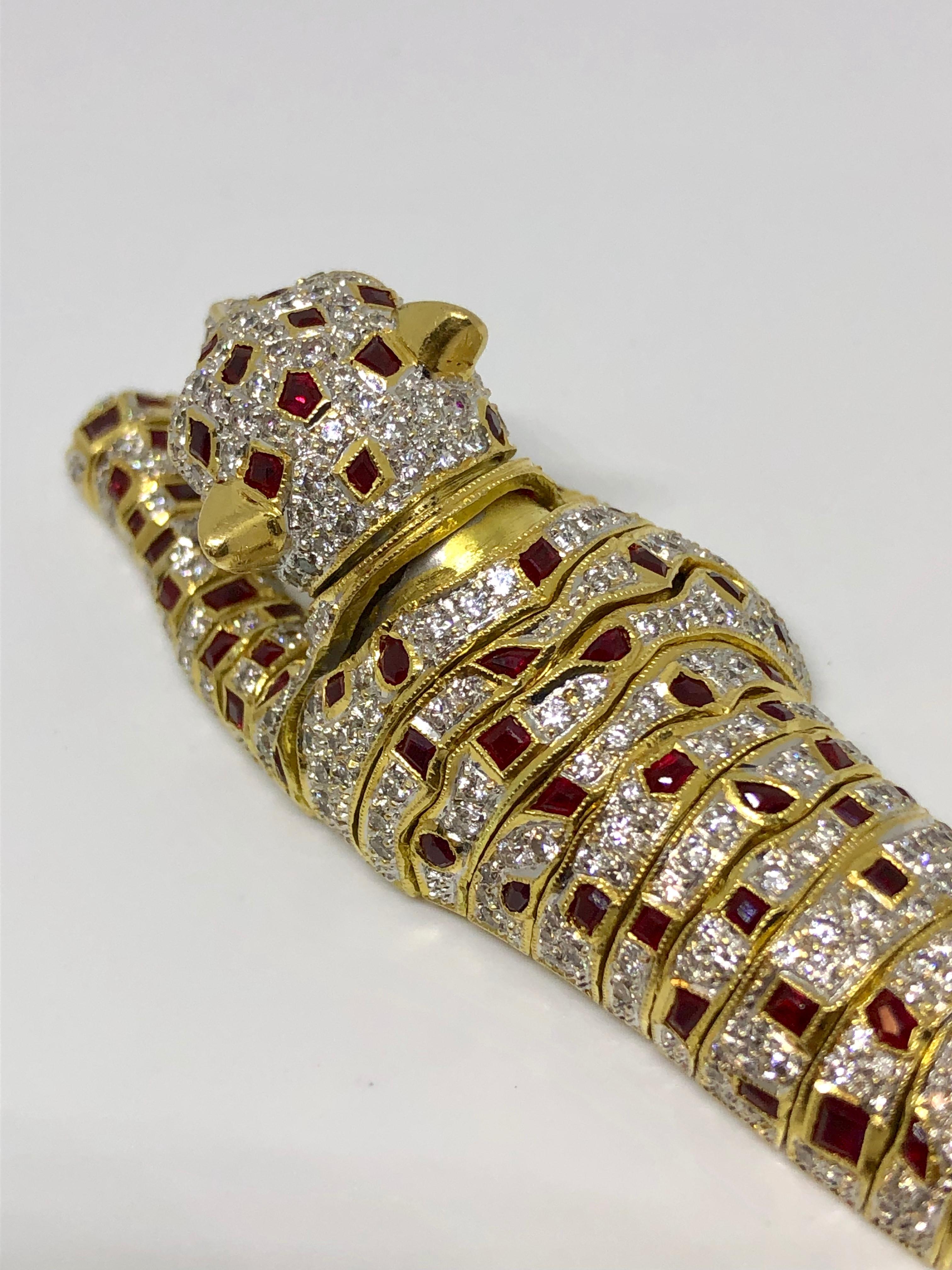 Lady's 18 Karat Yellow Gold Diamond, Ruby and Emerald Panther Bracelet or Brooch In Good Condition In Mansfield, OH