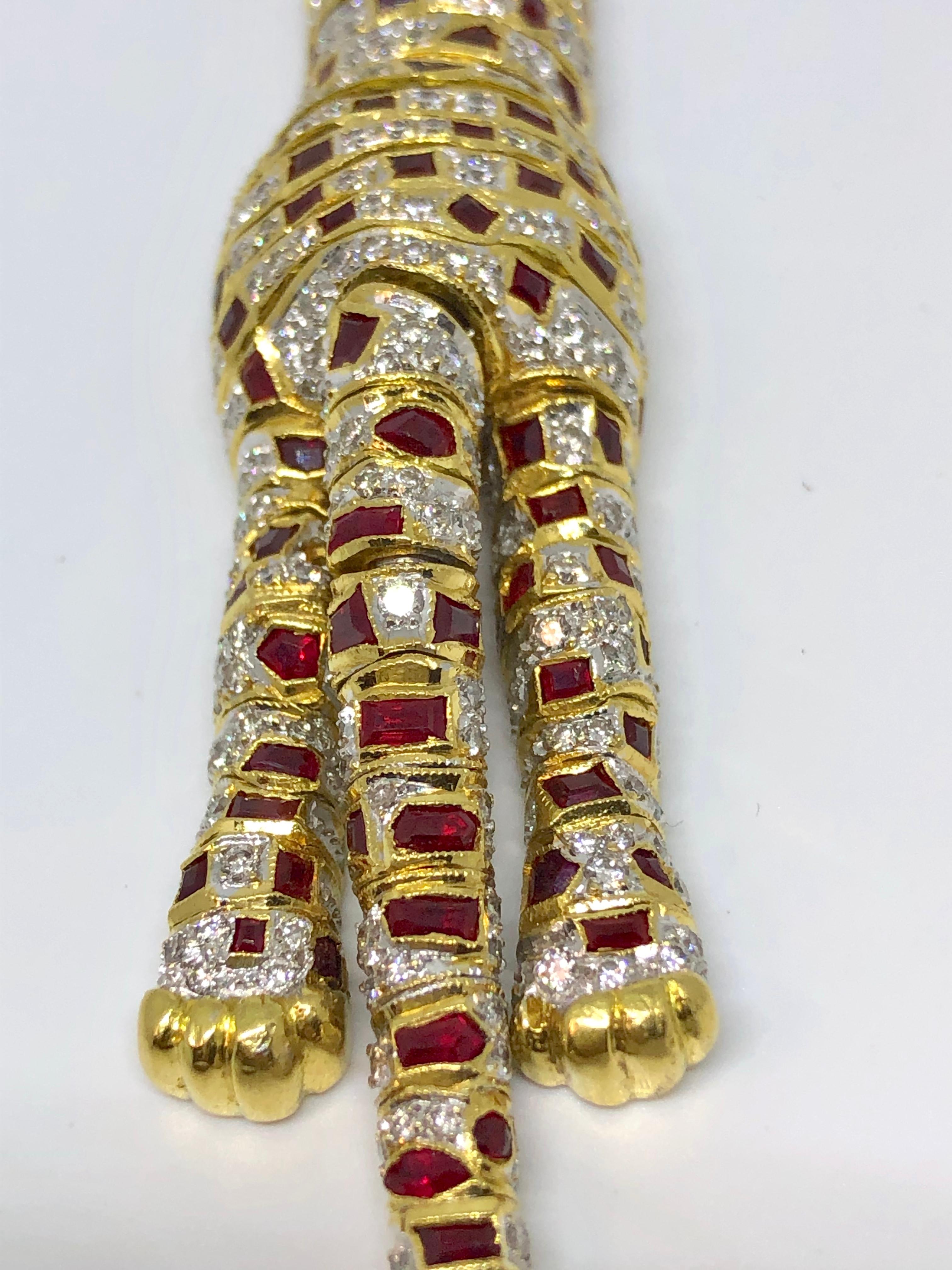 Women's Lady's 18 Karat Yellow Gold Diamond, Ruby and Emerald Panther Bracelet or Brooch