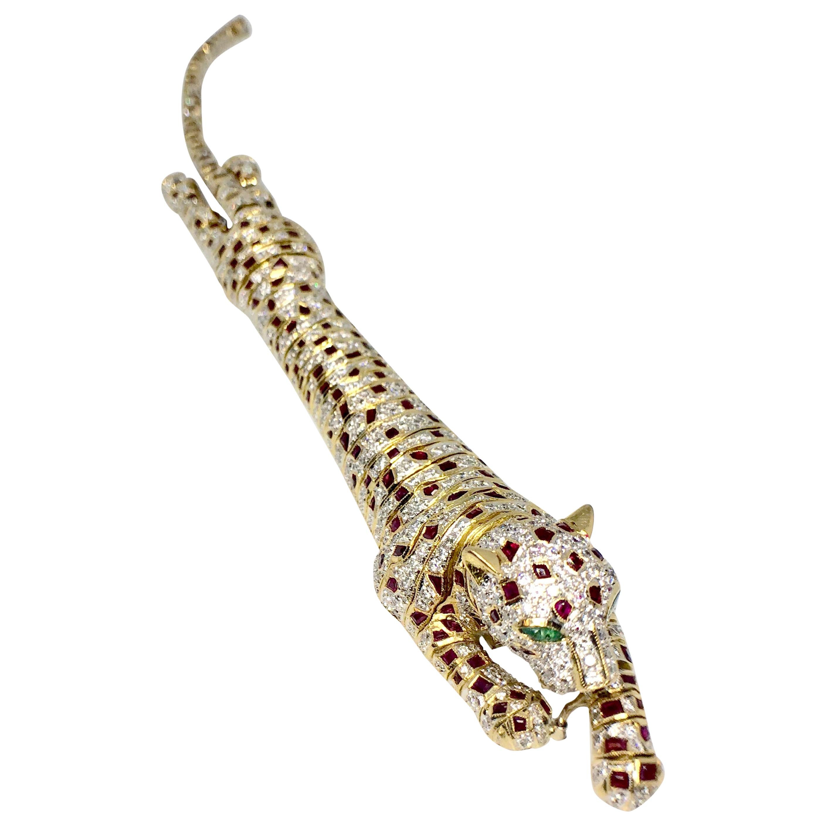 Lady's 18 Karat Yellow Gold Diamond, Ruby and Emerald Panther Bracelet or Brooch