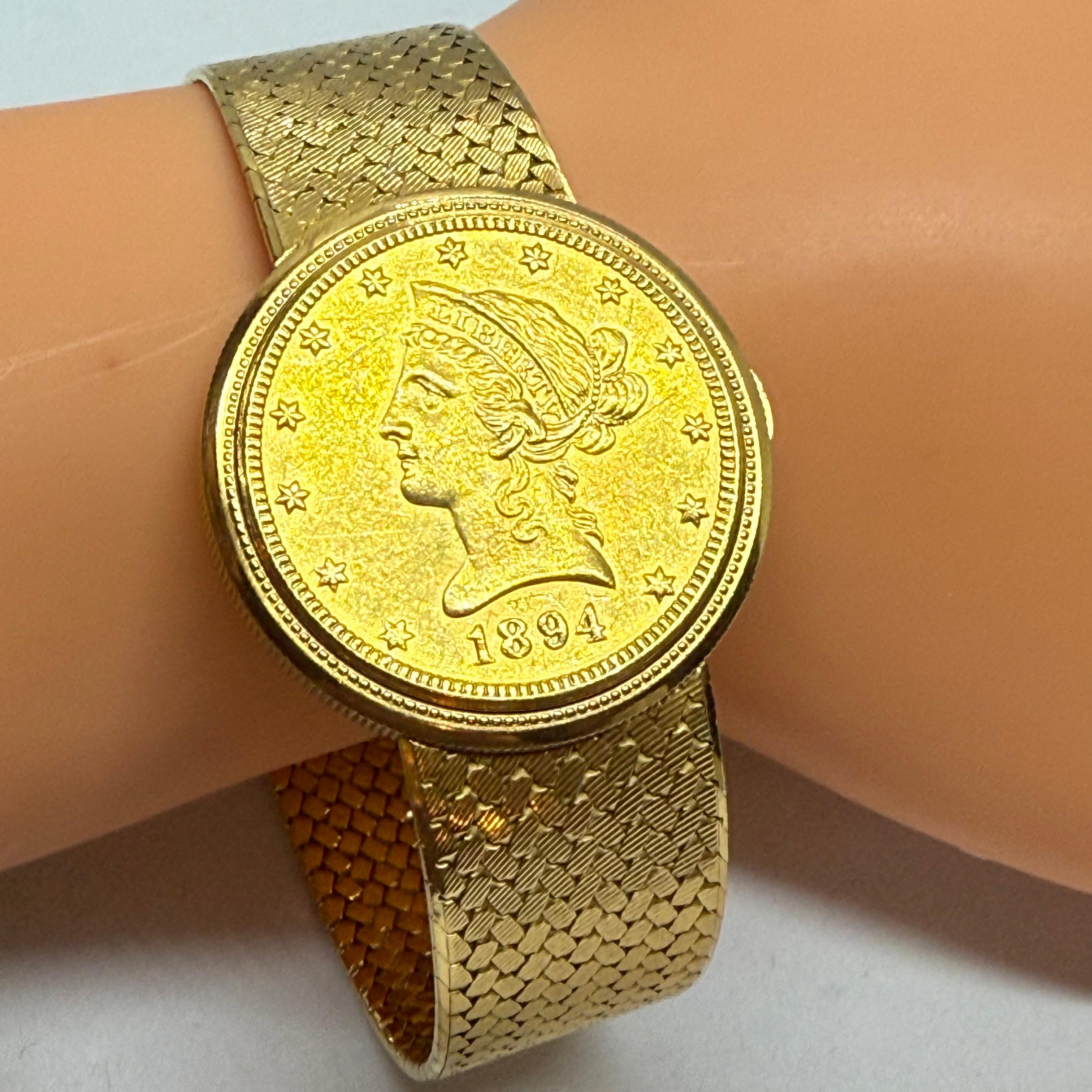 Lady's 18K Gelb massivem Gold Juvenia Münze Uhr Fabrik markiert 59,2 Gramm 7,25 in im Zustand „Hervorragend“ im Angebot in Los Angeles, CA