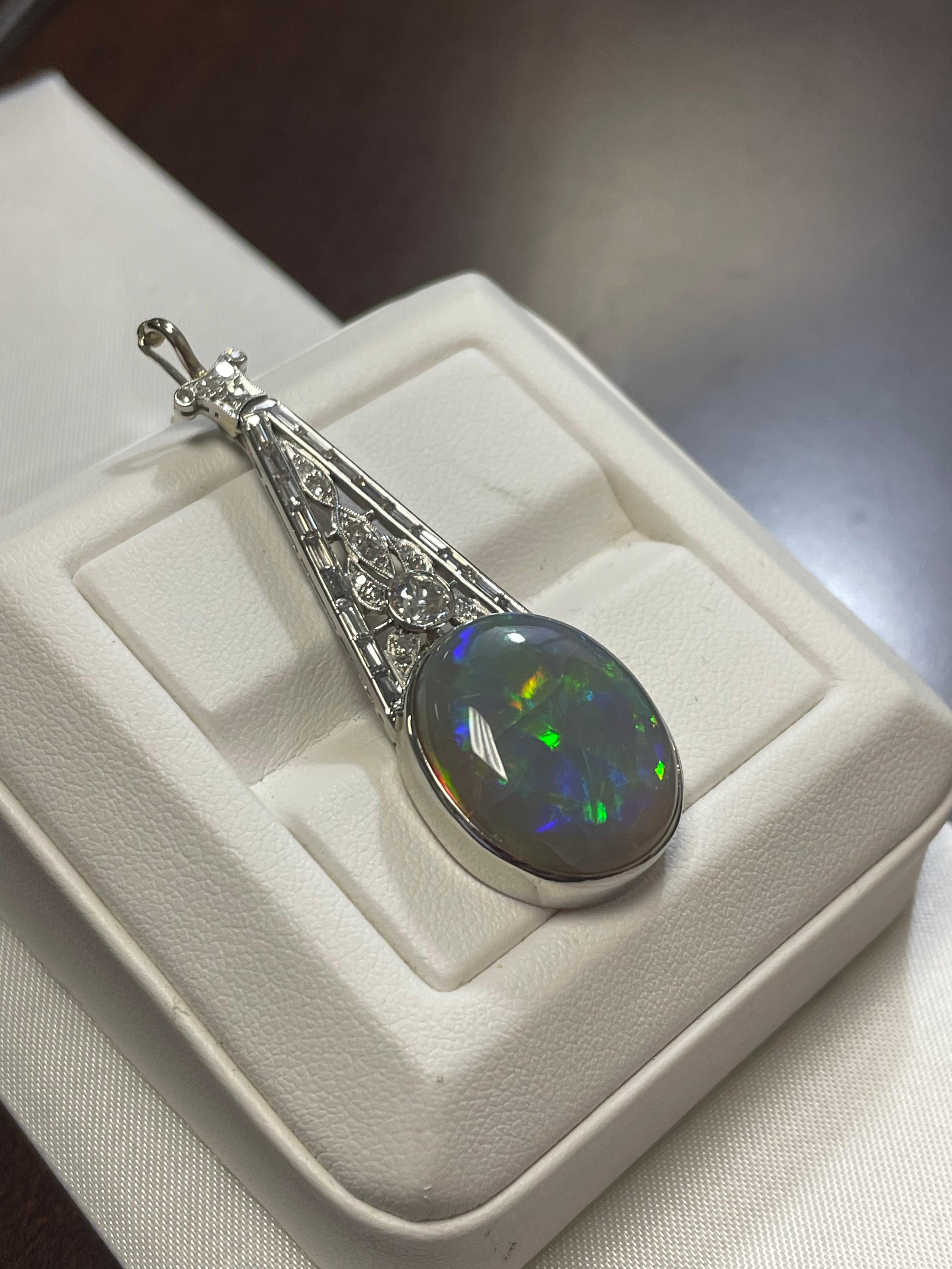 Cabochon Lady's Art Deco Black Opal and Pendant in Platinum For Sale