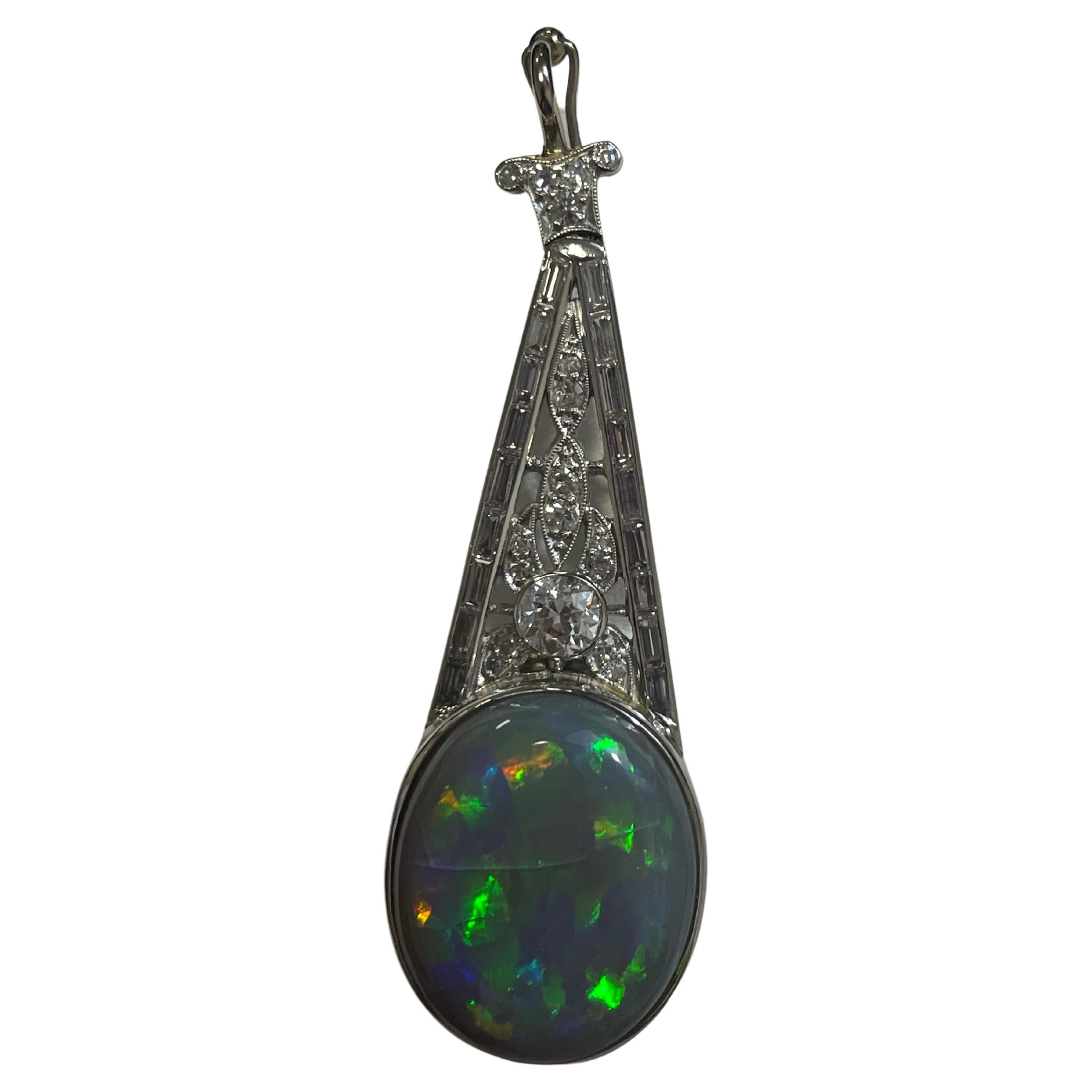 Lady's Art Deco Black Opal and Pendant in Platinum