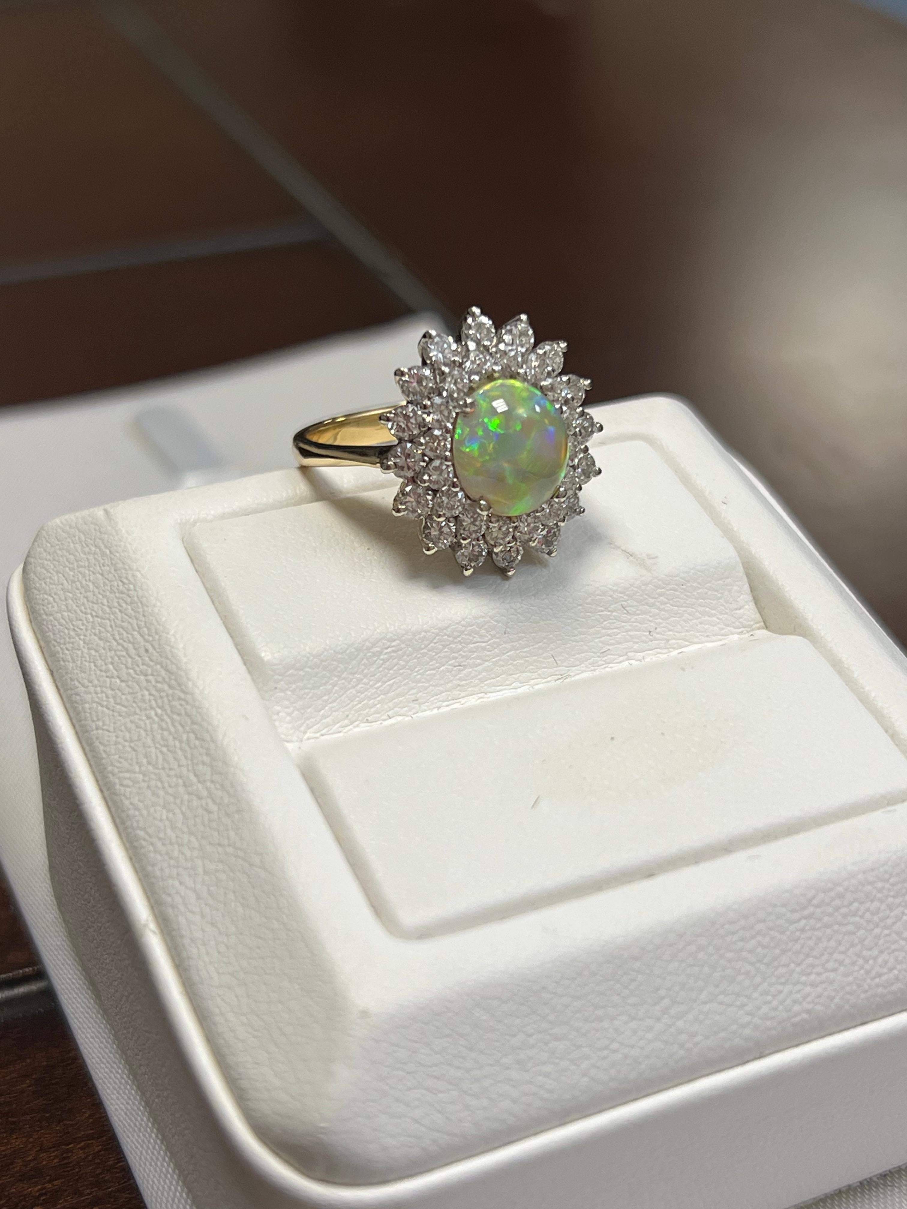 Art Deco Lady's Black Crystal Opal and Diamonds Ring in 14k Yellow and White Gold  For Sale
