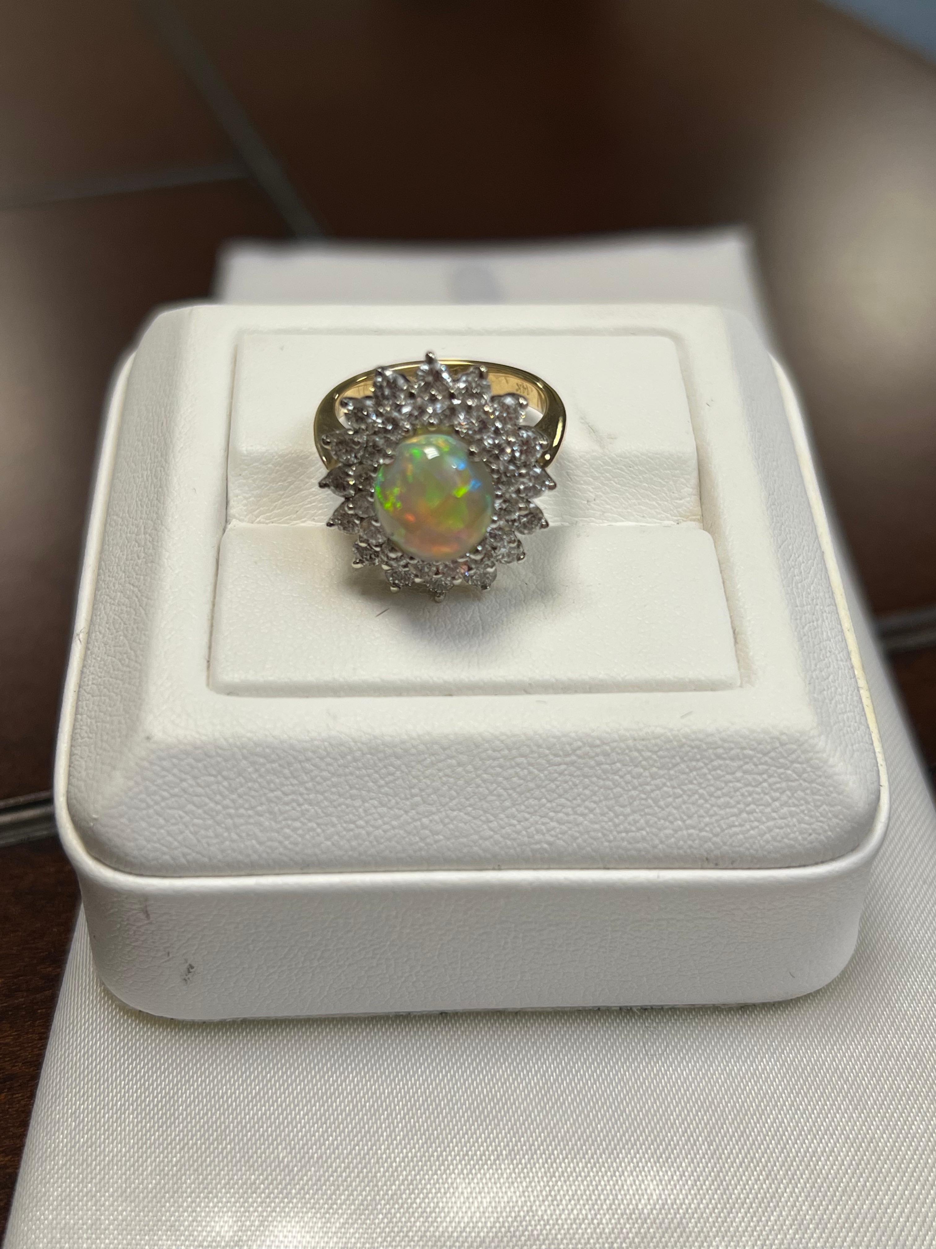 Cabochon Lady's Black Crystal Opal and Diamonds Ring in 14k Yellow and White Gold  For Sale
