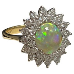 Lady's Black Crystal Opal and Diamonds Ring in 14k Yellow and White Gold 