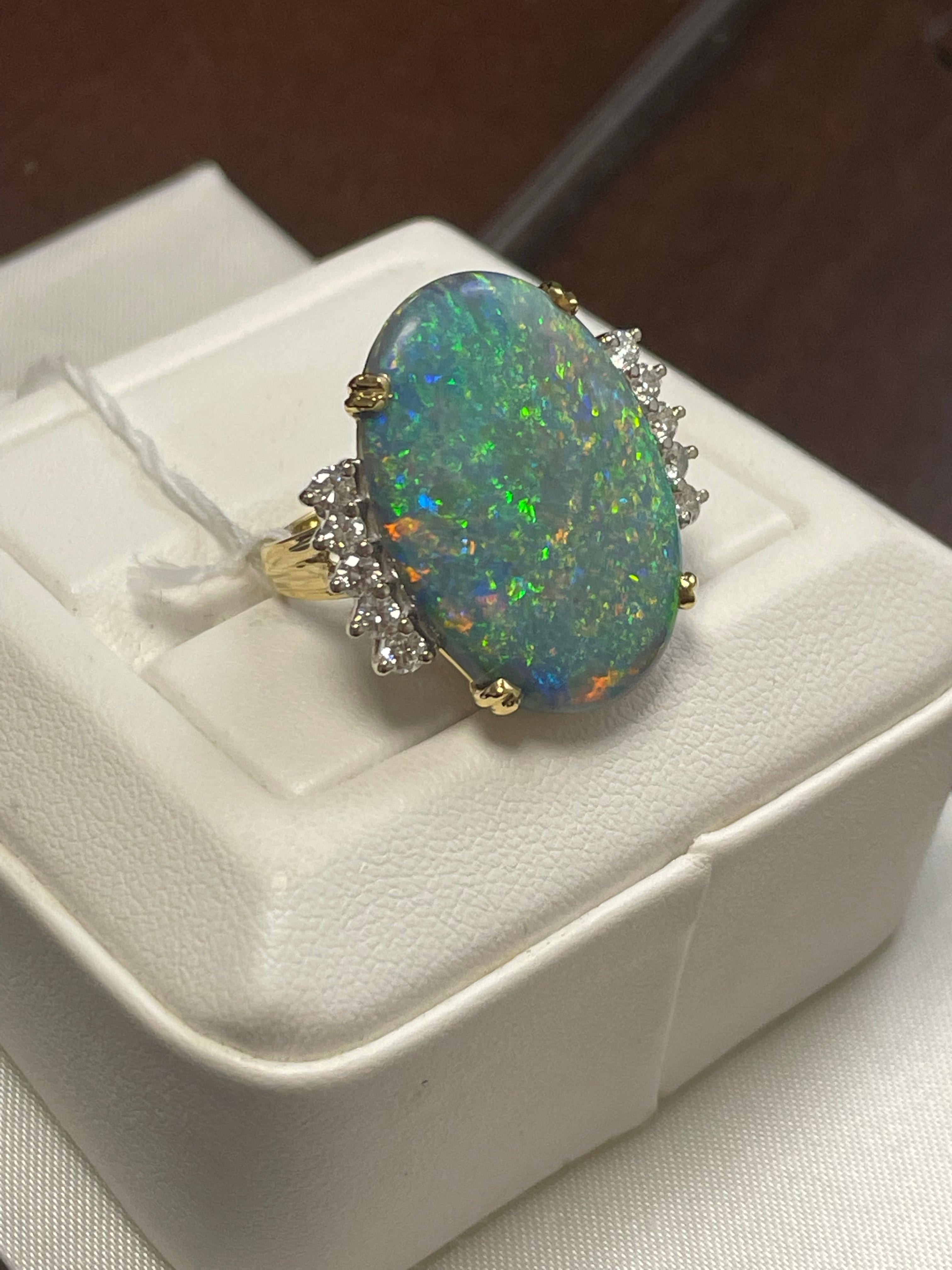 Art Deco Lady's Black Opal and Diamond Ring in 18k Yellow and White Gold For Sale