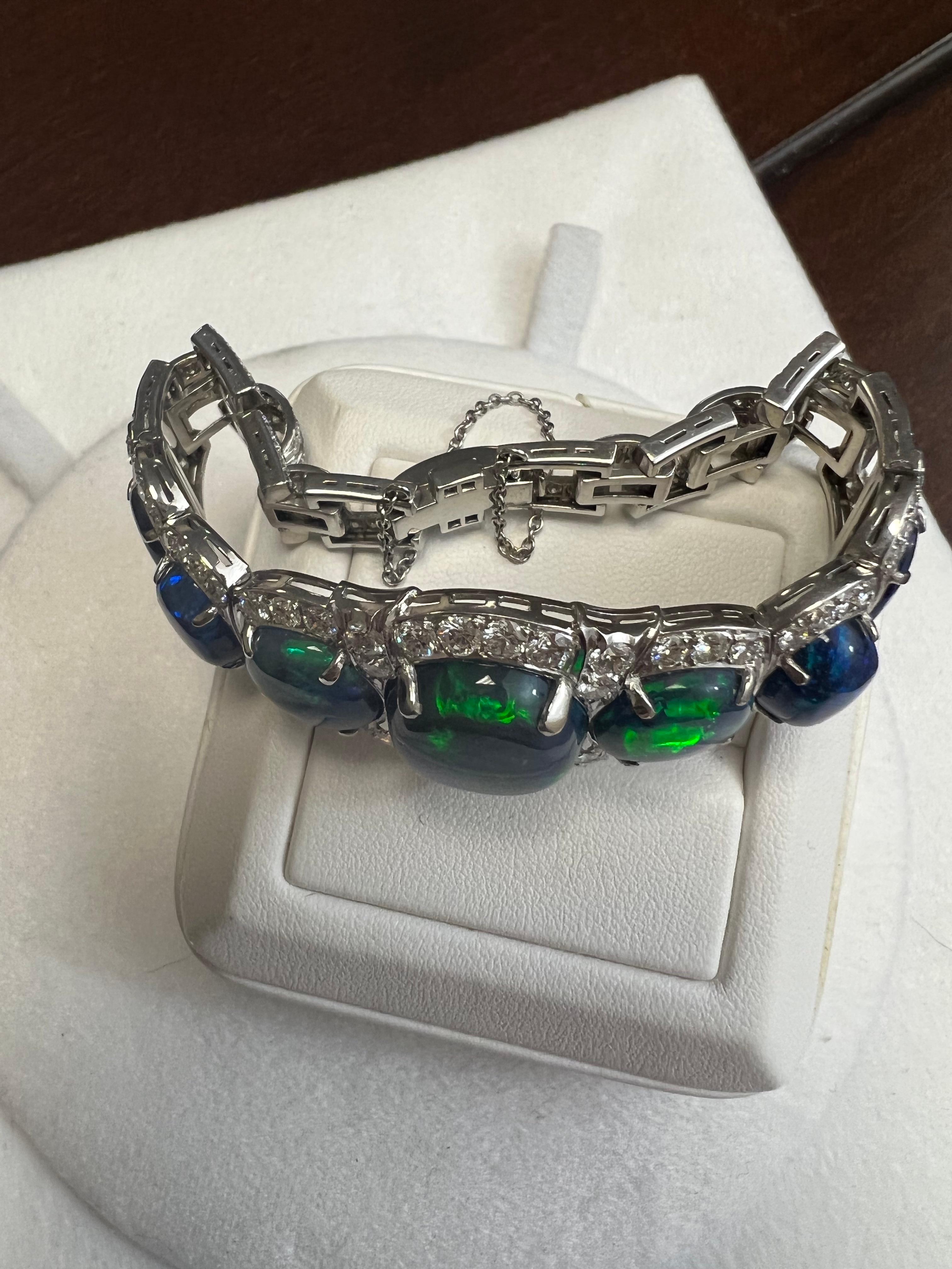 Art Deco Lady's Black Opal and Diamonds Bracelet in Platinum For Sale
