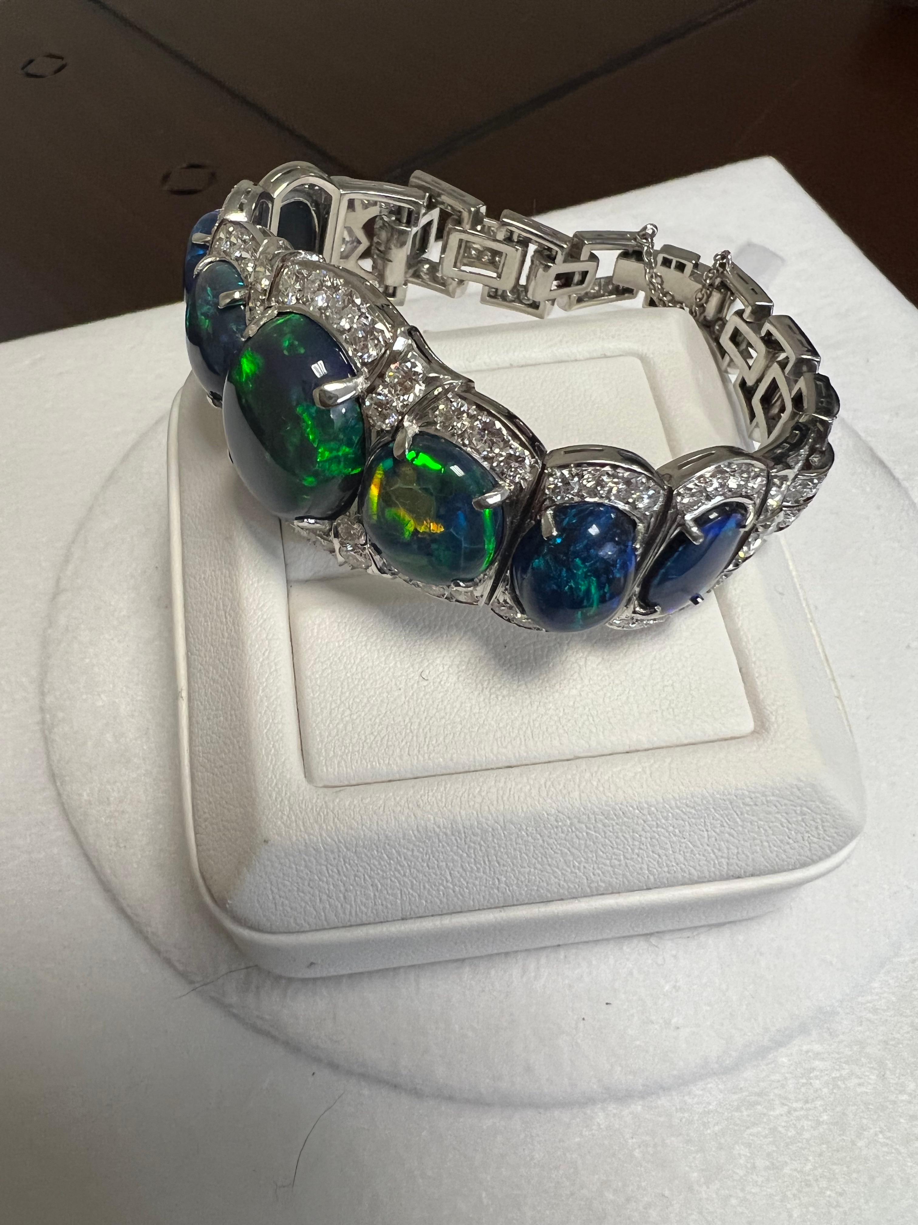 Cabochon Lady's Black Opal and Diamonds Bracelet in Platinum For Sale