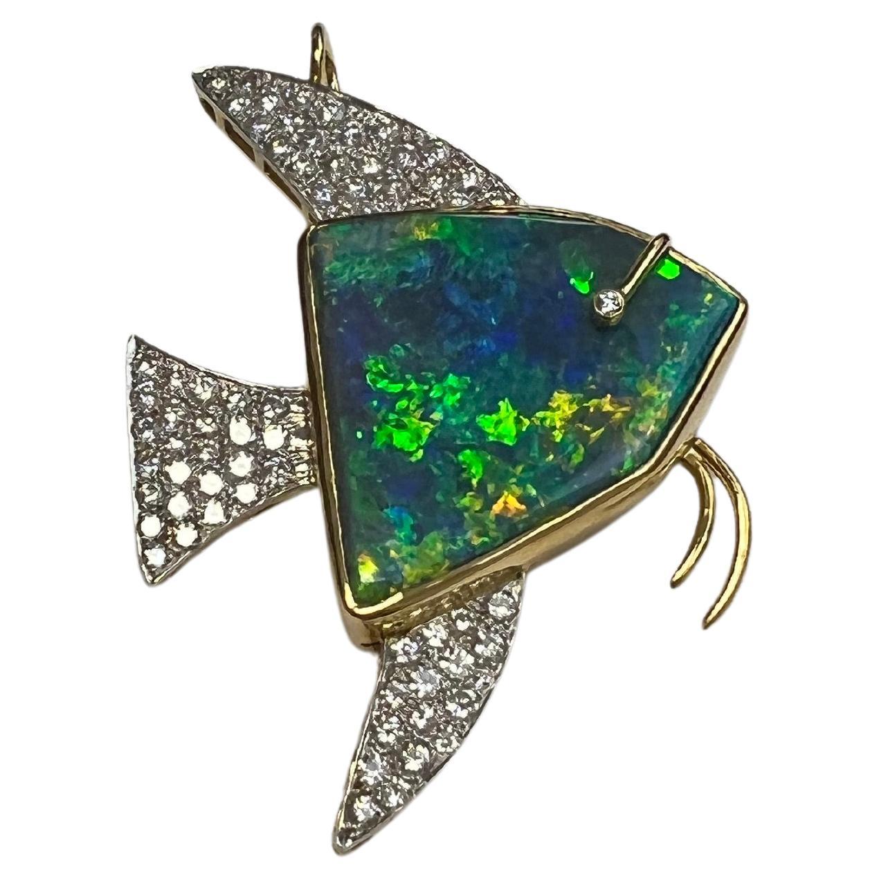 Lady's Black Opal and Diamonds "Fish" Broach in 14k Yellow and White Gold For Sale