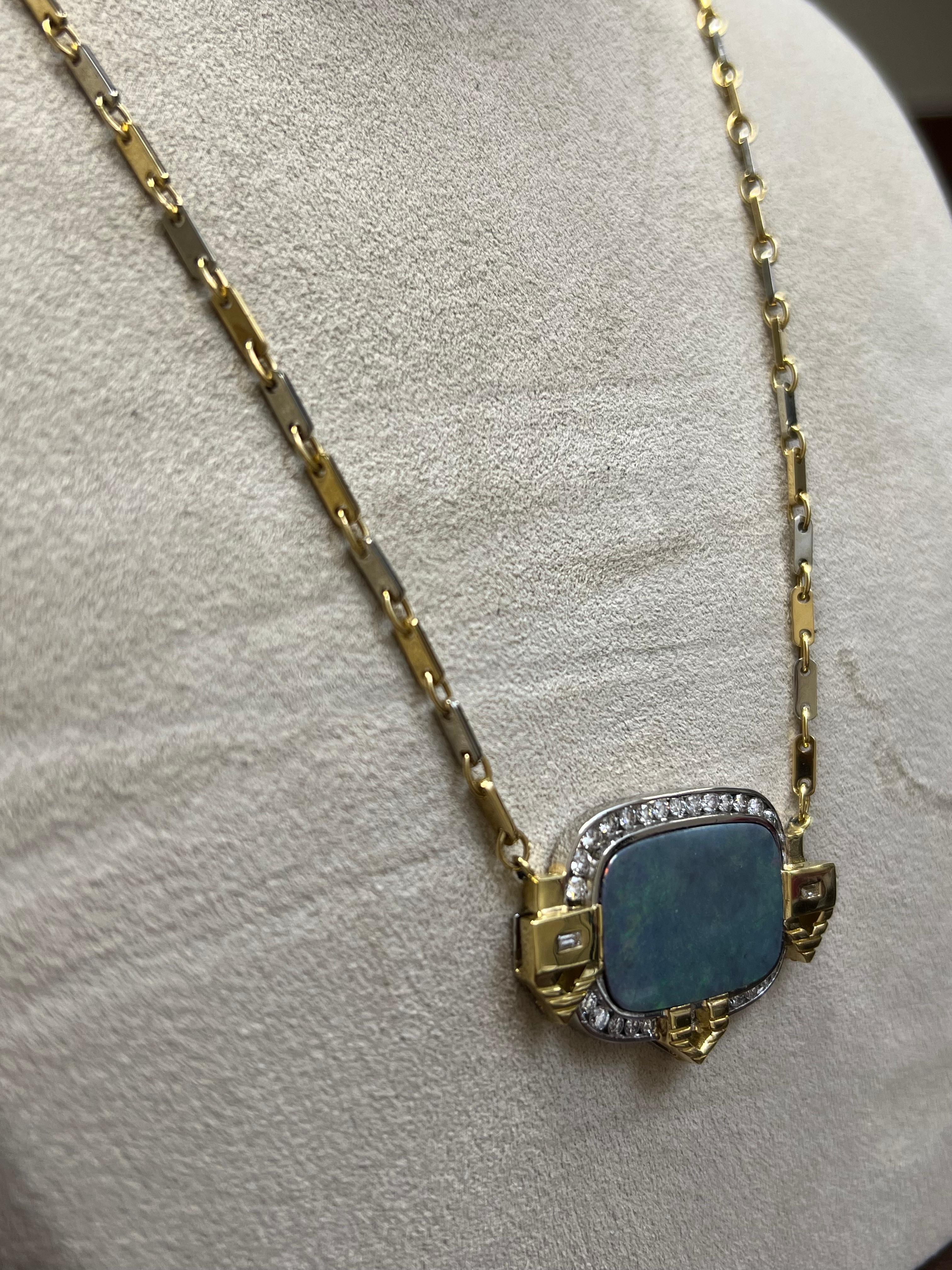Cabochon Lady's Black Opal and Diamonds Necklace in Platinum and 18k Yellow Gold  For Sale