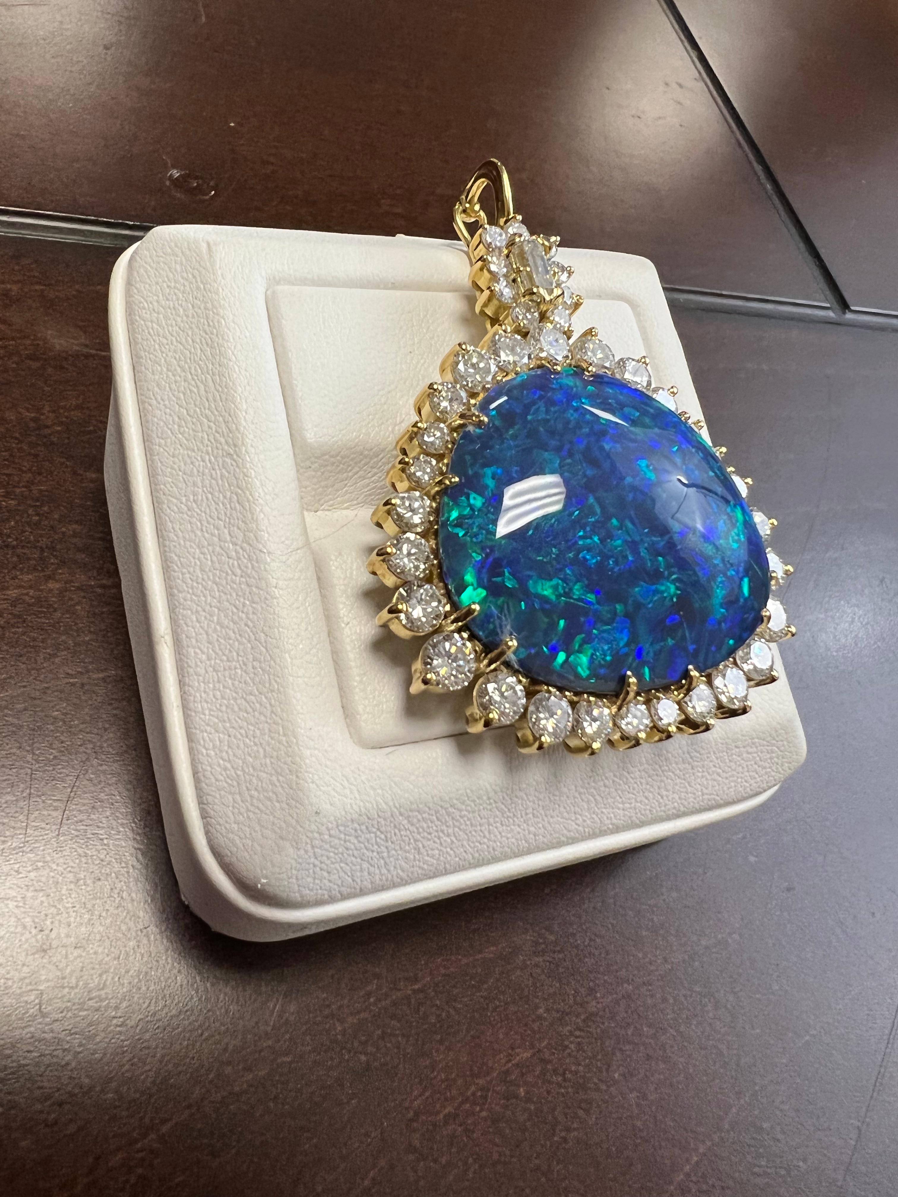 Art Deco Lady's Black Opal and Diamonds Pendant in 18k White Gold For Sale