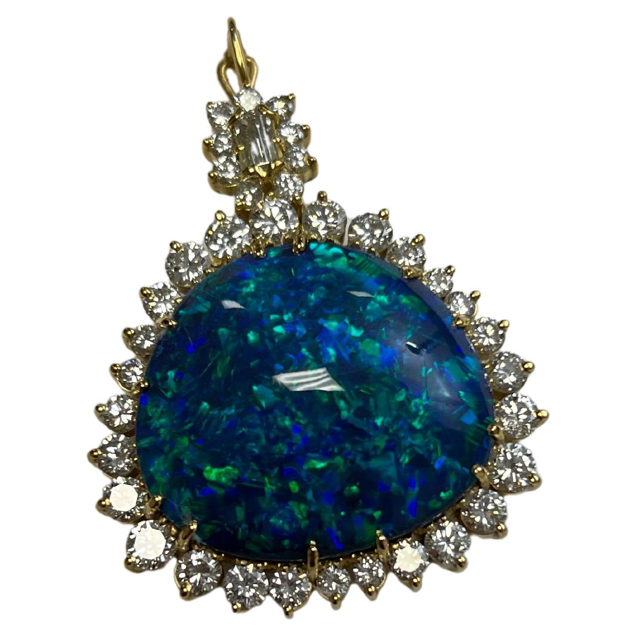 Lady's Black Opal and Diamonds Pendant in 18k White Gold For Sale