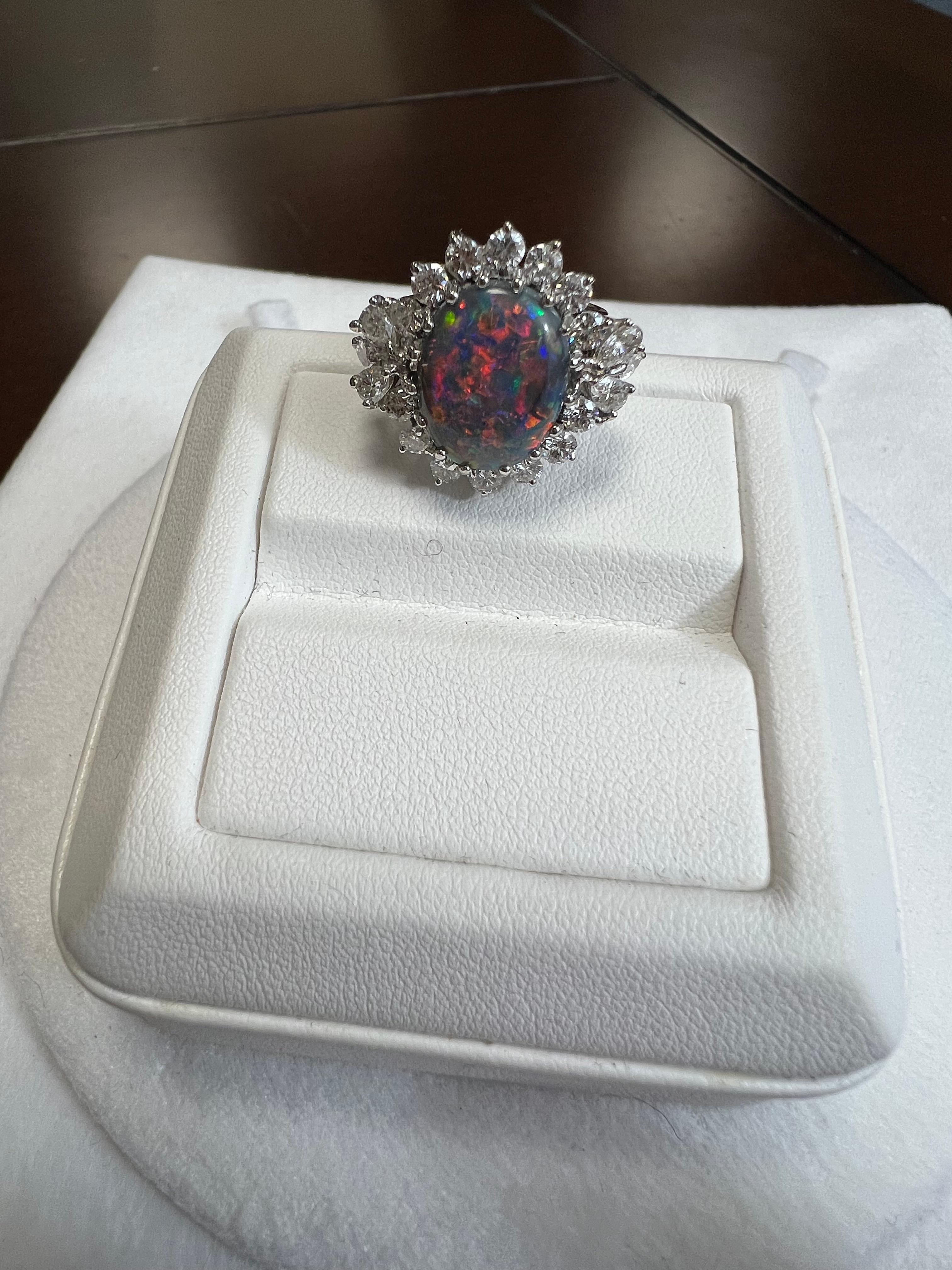 Art Deco Lady's Black Opal and Diamonds Ring in 18k White Gold For Sale