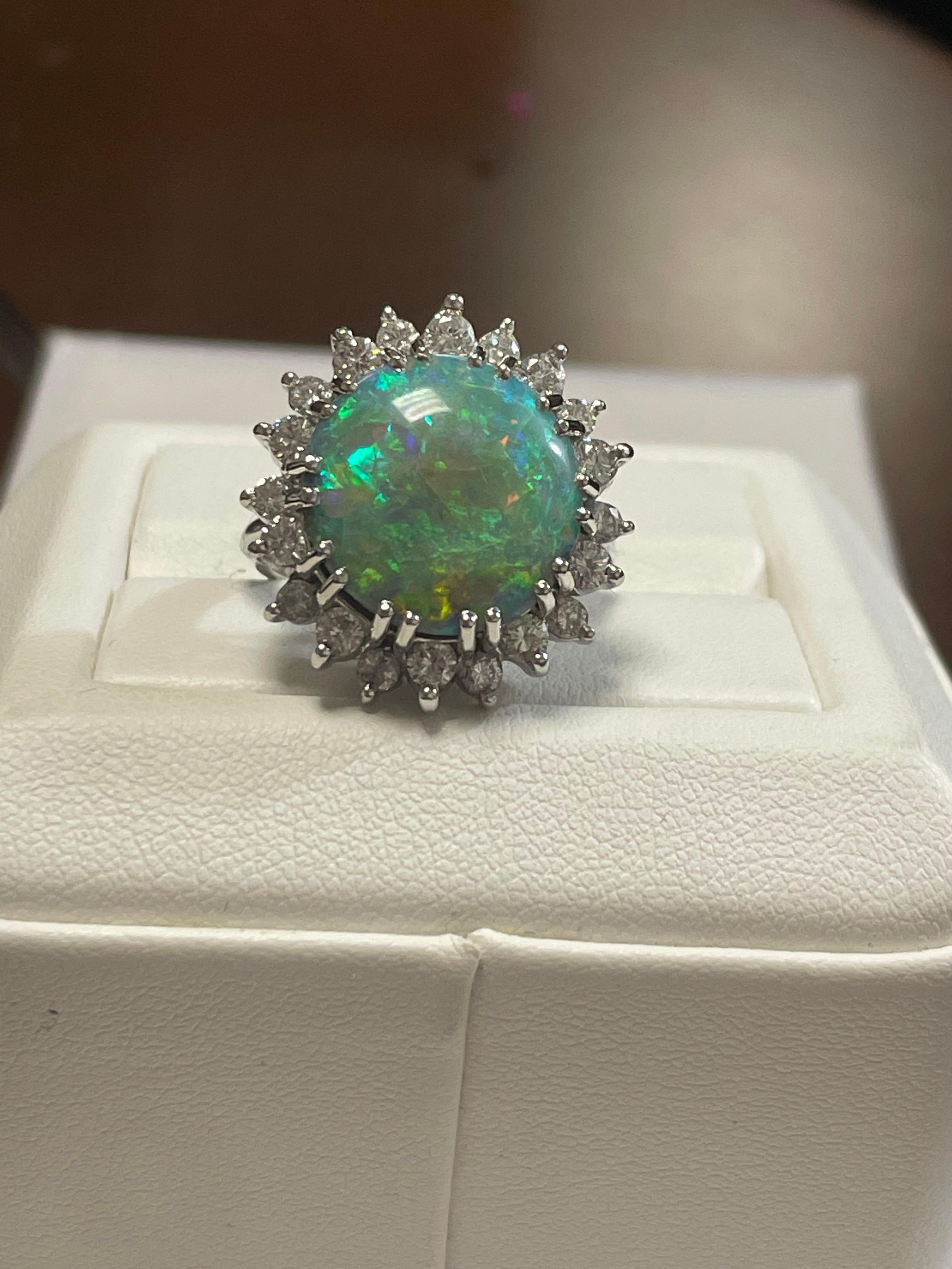 Cabochon Lady's Black Opal and Diamonds Ring in 18k White Gold For Sale