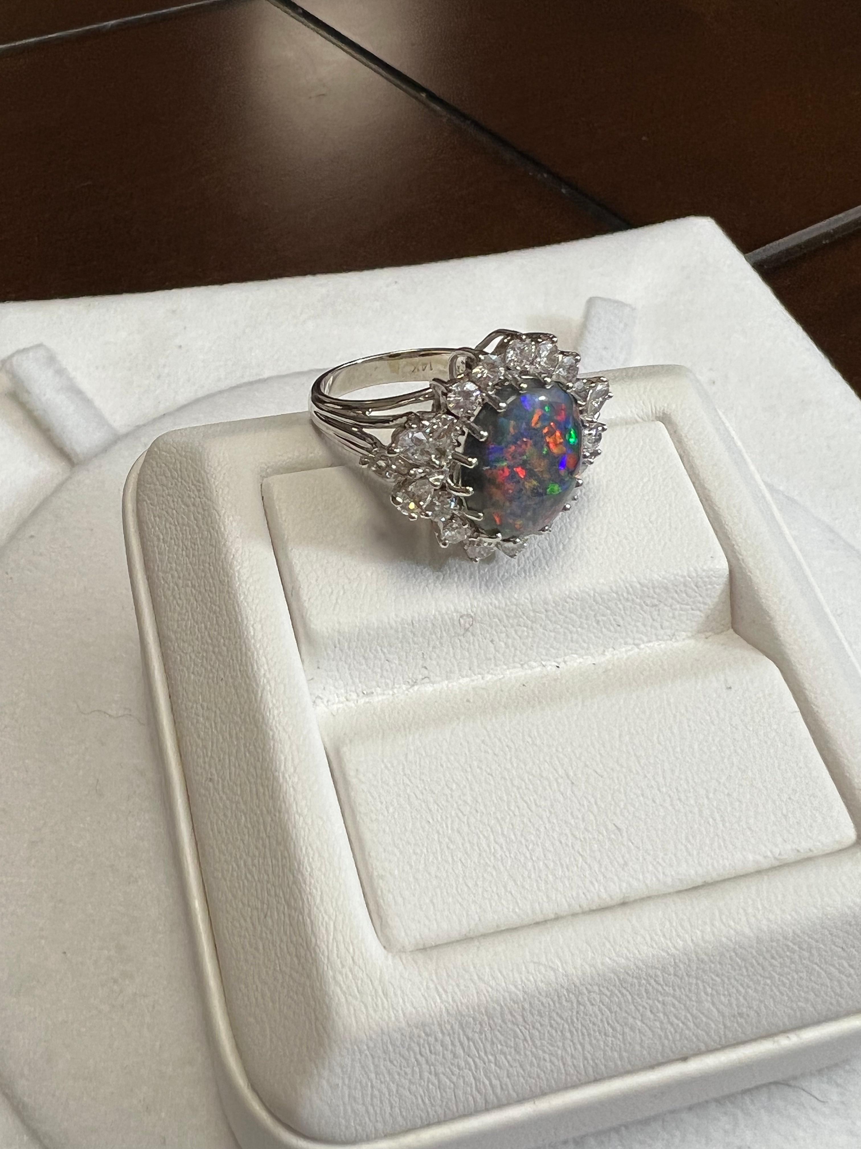 Women's Lady's Black Opal and Diamonds Ring in 18k White Gold For Sale