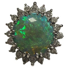 Retro Lady's Black Opal and Diamonds Ring in 18k White Gold