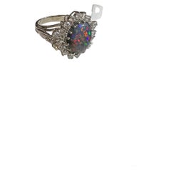 Vintage Lady's Black Opal and Diamonds Ring in 18k White Gold
