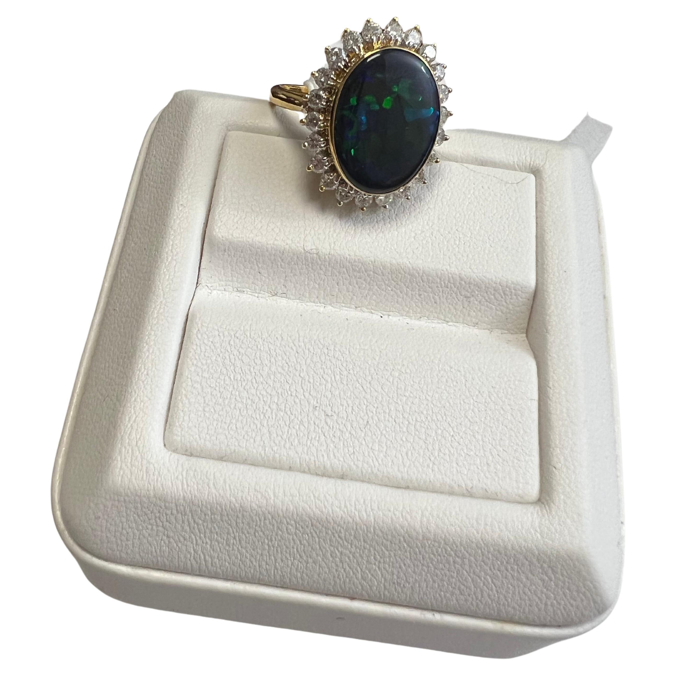 Lady's Black Opal and Diamonds Ring in 18k Yellow and White Gold For Sale