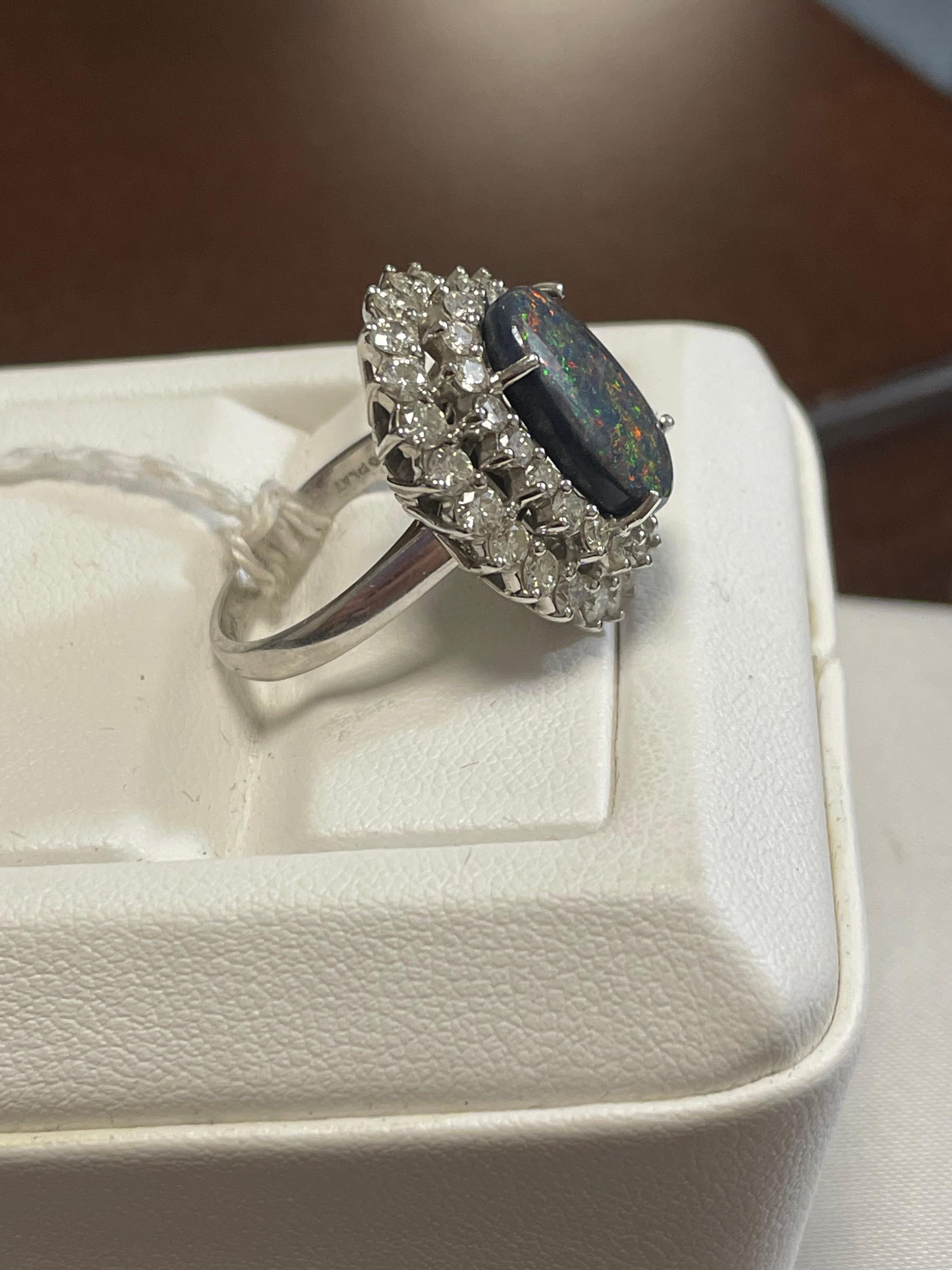 Art Deco Lady's Black Opal and Diamonds Ring in Platinum For Sale