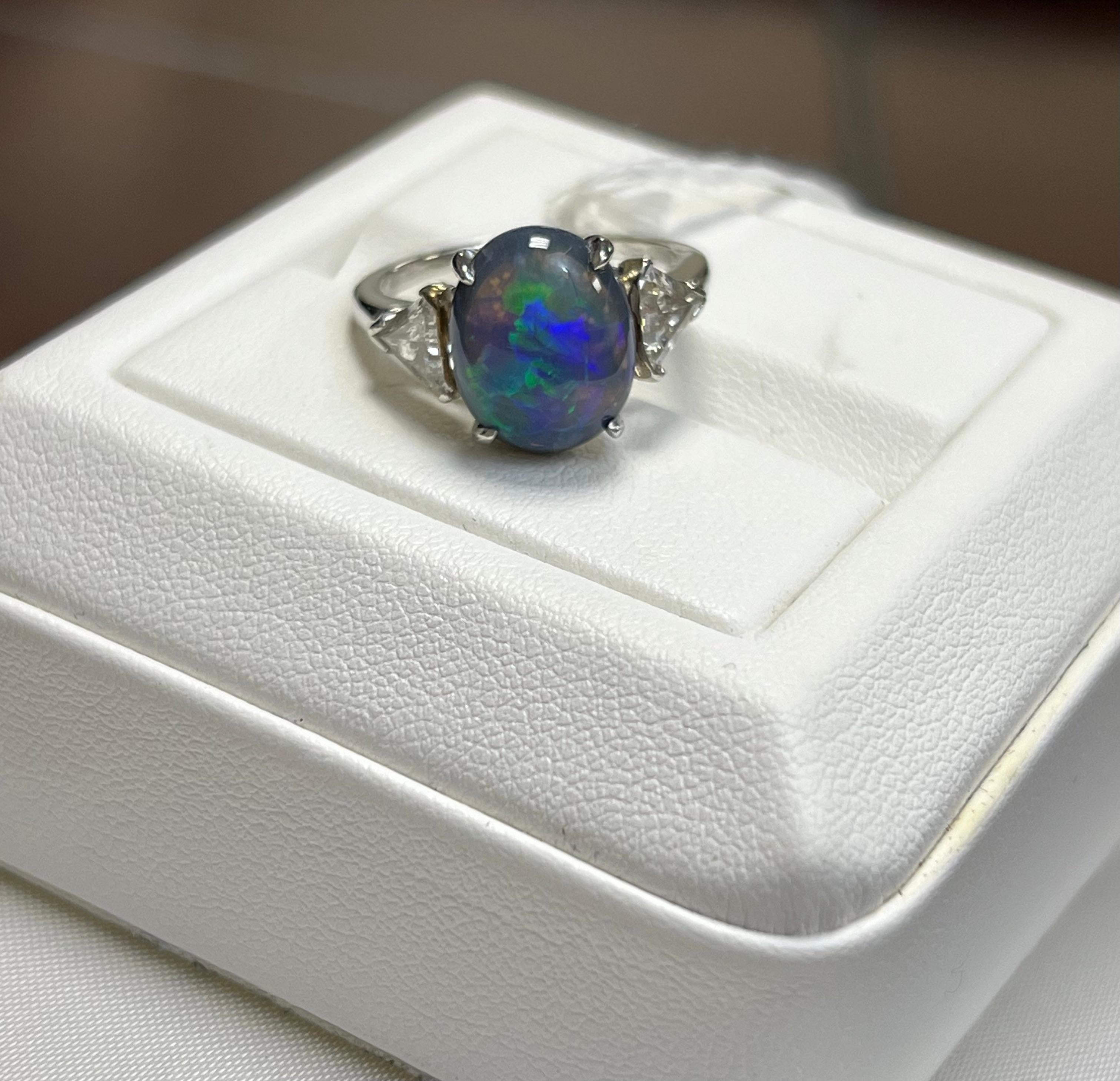 Cabochon Lady's Black Opal and Diamonds Ring in Platinum  For Sale