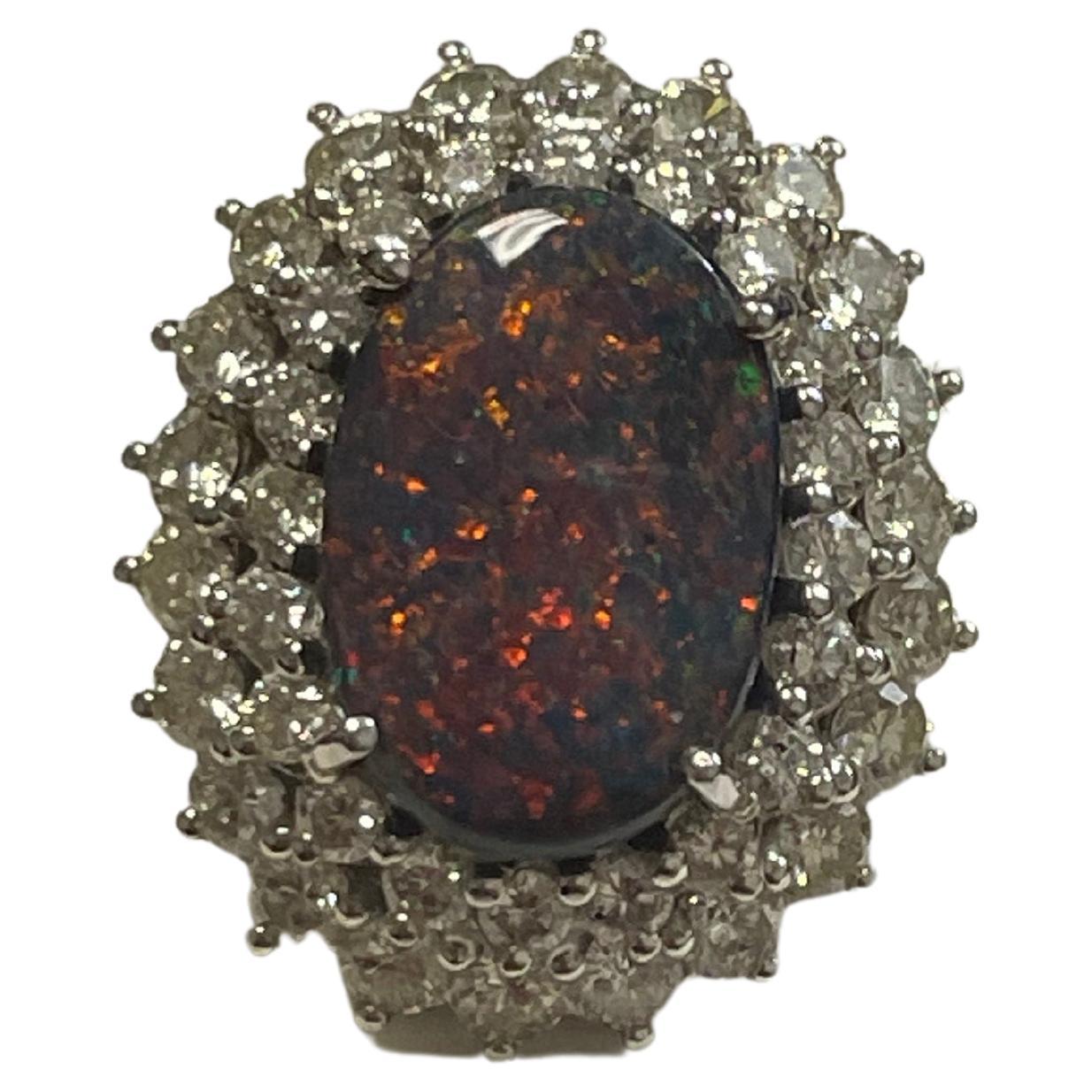 Lady's Black Opal and Diamonds Ring in Platinum For Sale