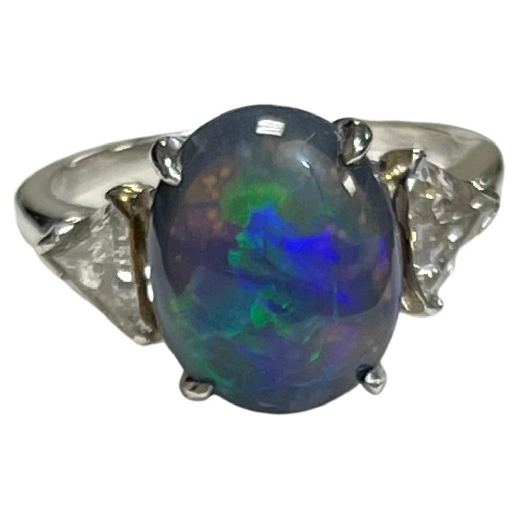 Lady's Black Opal and Diamonds Ring in Platinum  For Sale